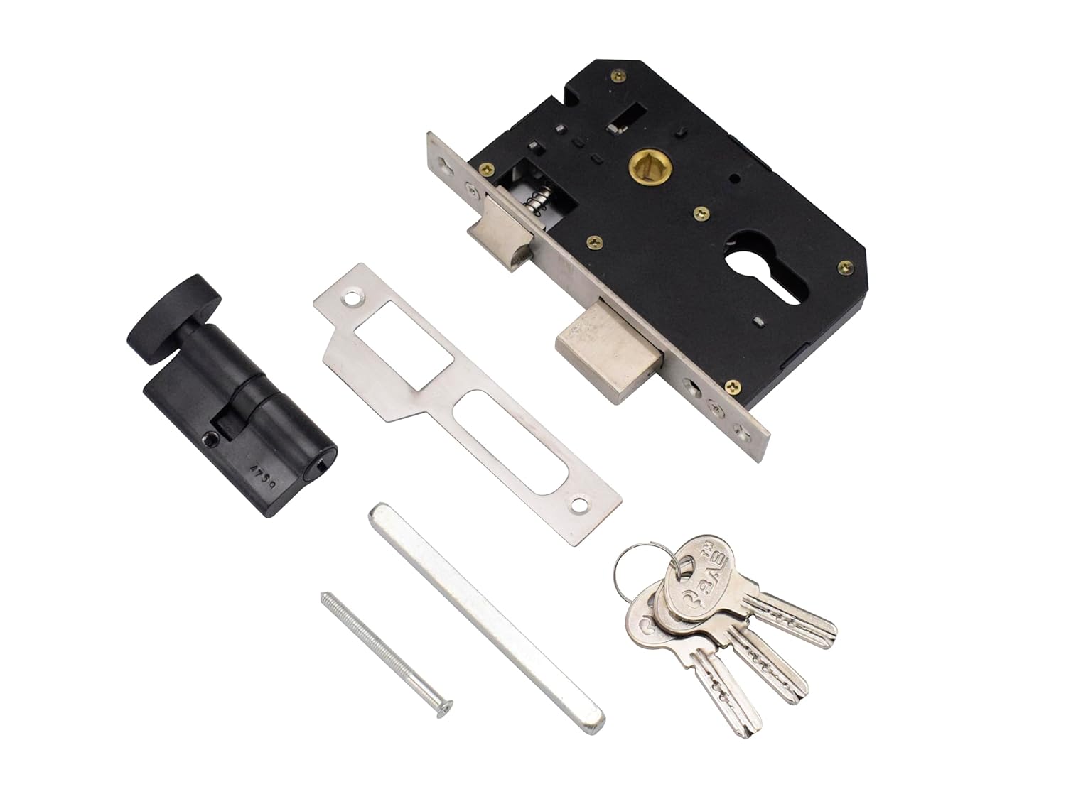 Pedyo-up view of the mortise lock body, cylinder, keys, and spindle bar.