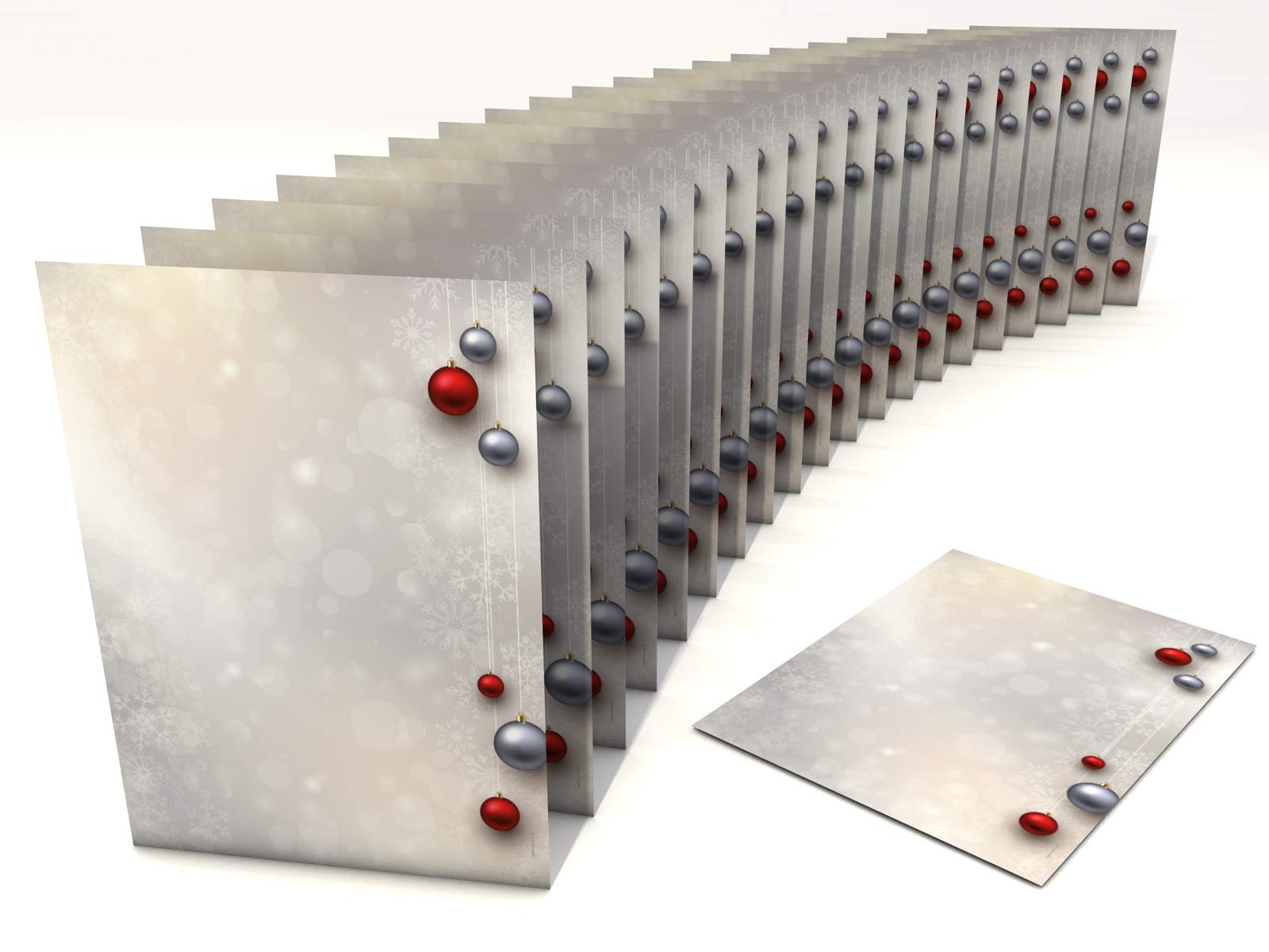 Weihnachtsbriefpapier-Set 100 Blatt A4 + 100 Kuverts mit Fenster | Weihnachtskugeln Rot/Silber | 90g/m² | DIN LANG-Kuverts | Laser/Ink/Copy/Hand | Made in Germany | inkl. Textvorlagen-Download