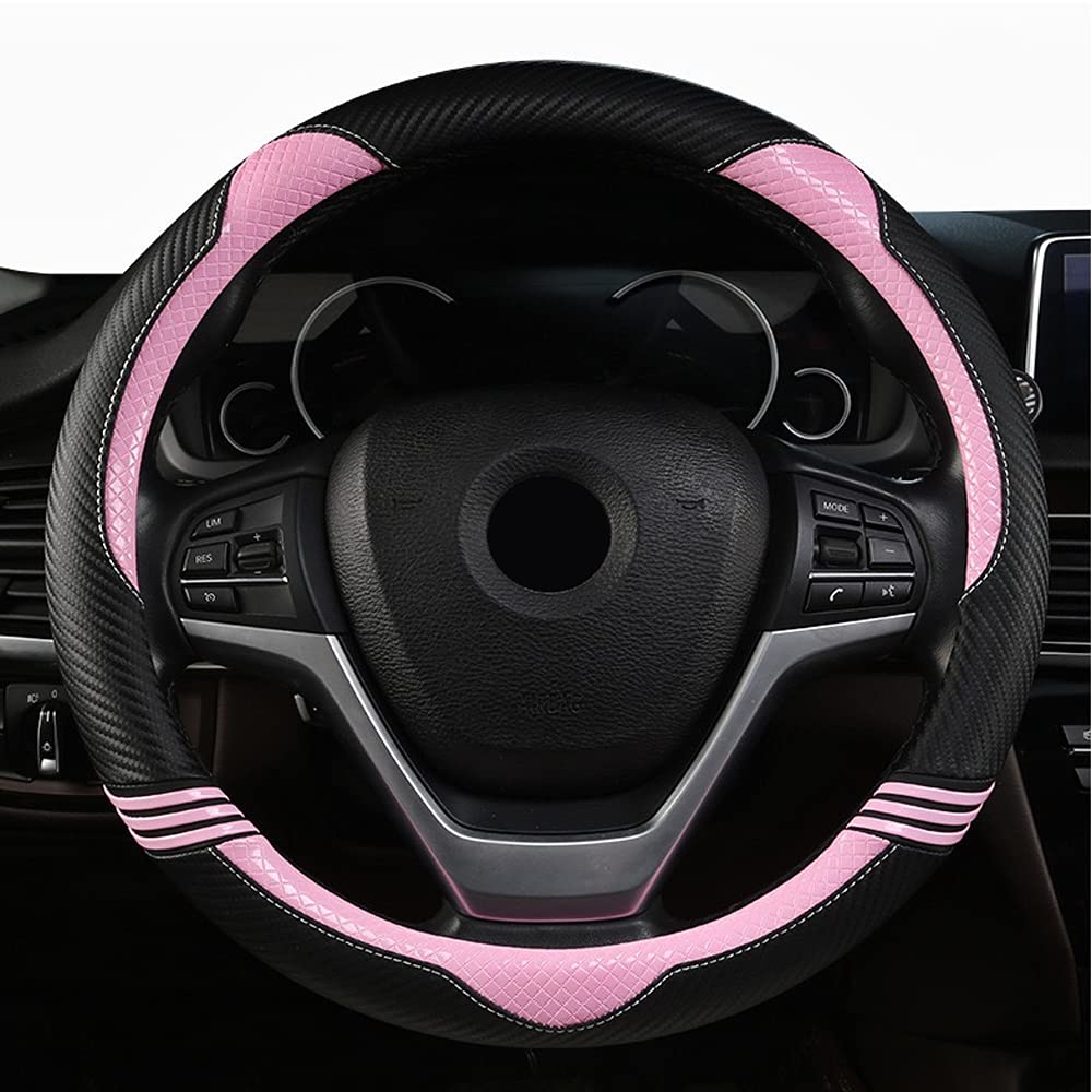 LIMOS Cute Carbon Fiber Steering Wheel Cover Auto Car Steering Wheel Cover Universal Fit 15 Inch (Pink)