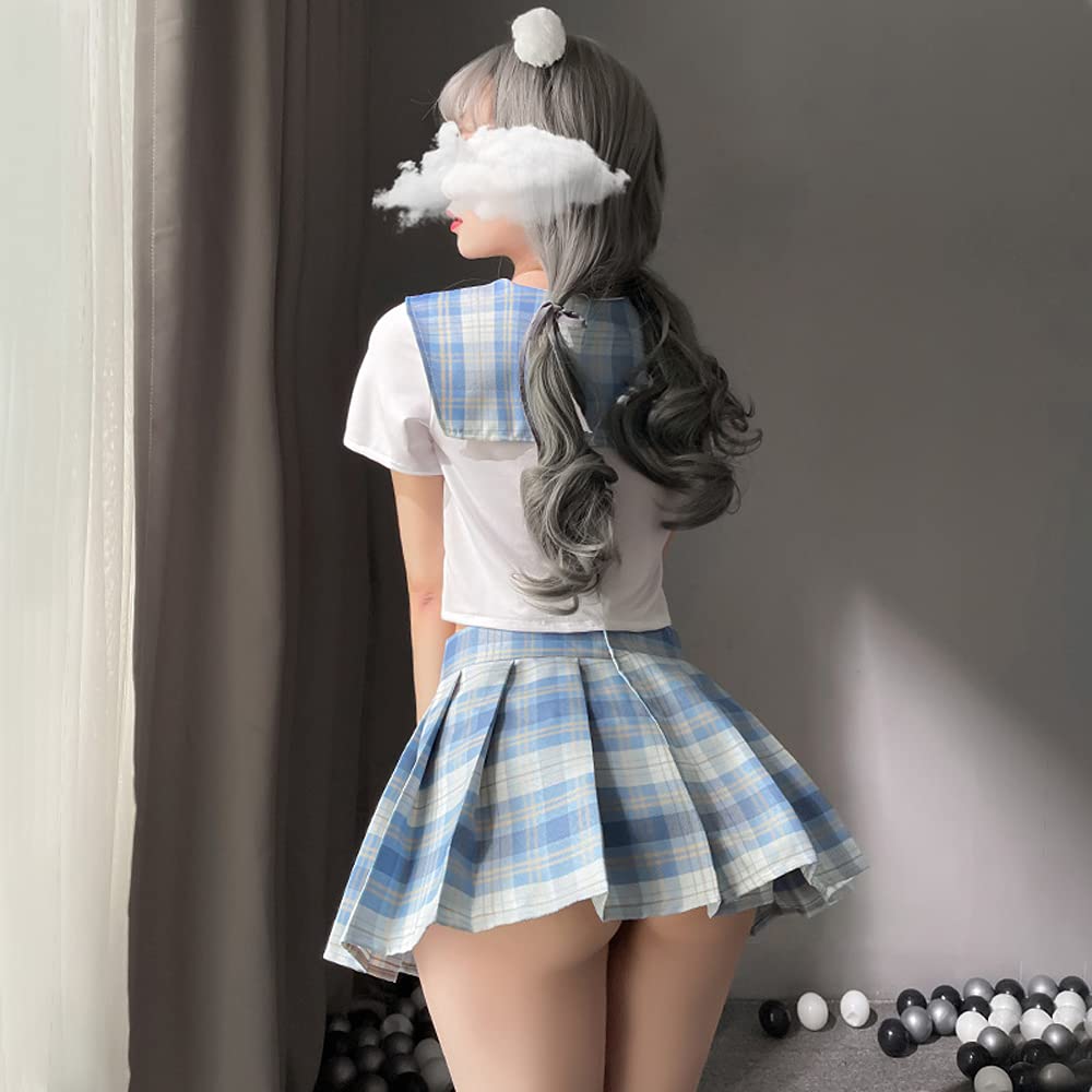 Schoolgirl Outfits Japanese Plaid Pleated Skirt JK Uniform Cosplay Lingerie: 7039white Blue
