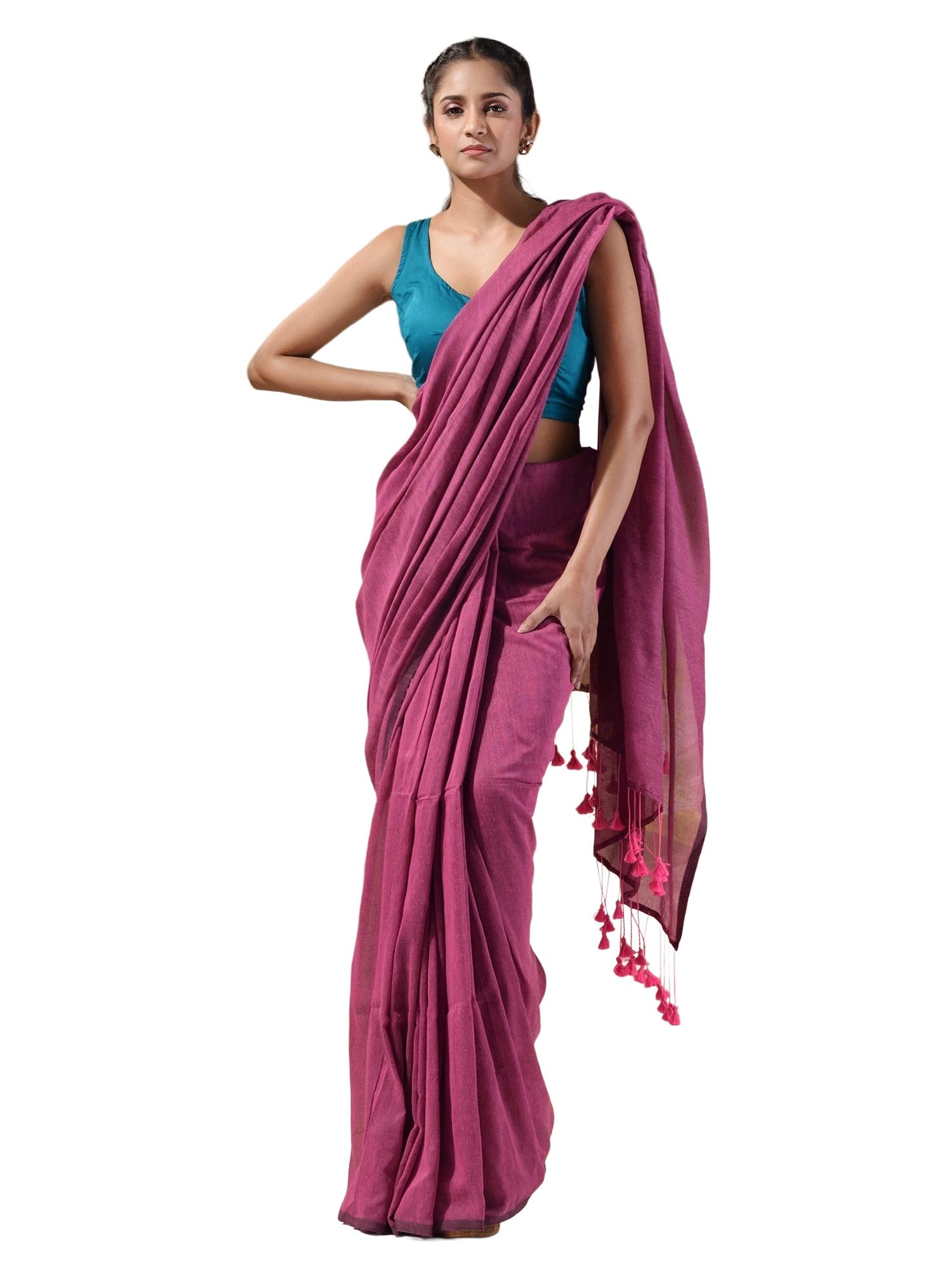 Lavender Cotton Handspun Soft Saree With Pompom-image-42