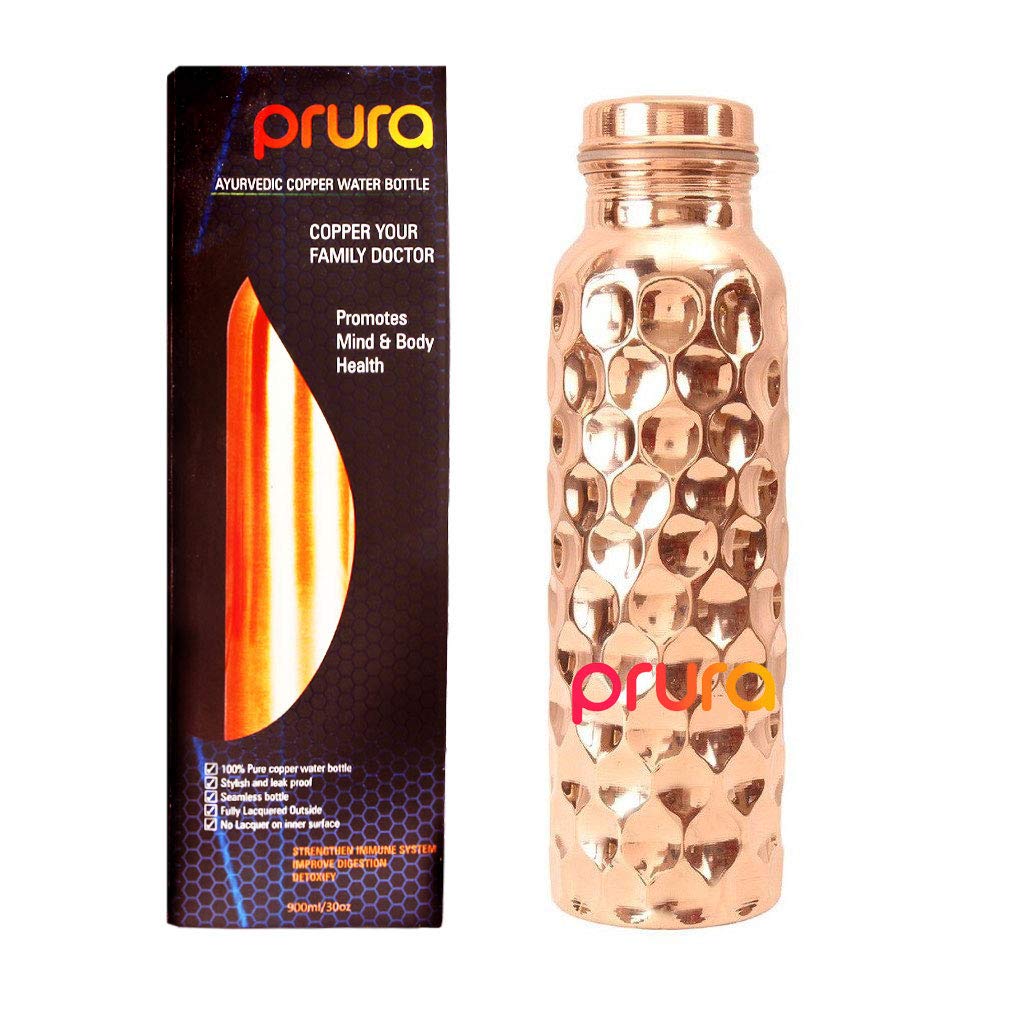 Pure Printed Copper Water Bottle - Leak Proof Ayurvedic Drinkware Copper Vessel for Sports, Gym, Outdoors, Yoga, Health Benefits (30 oz)