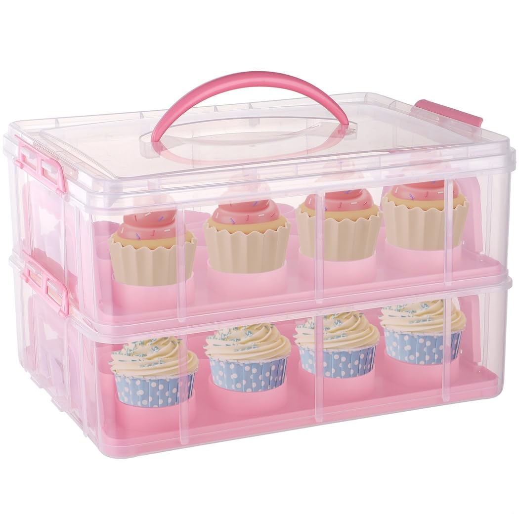 Stackable Cupcake Holder with Snap Locks, 2-Tier Storage Box for 24 Cupcakes, Portable Container with Handle and Lid