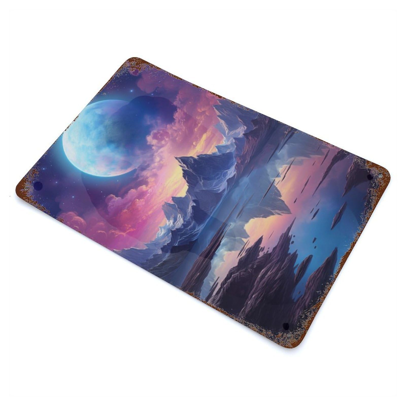 Distressed Metal Wall Sign with Fantasy Space Landscape Design 11.8"x7.9", for Living Room, Hallway And Home Decor, Vintage Wall Decor
