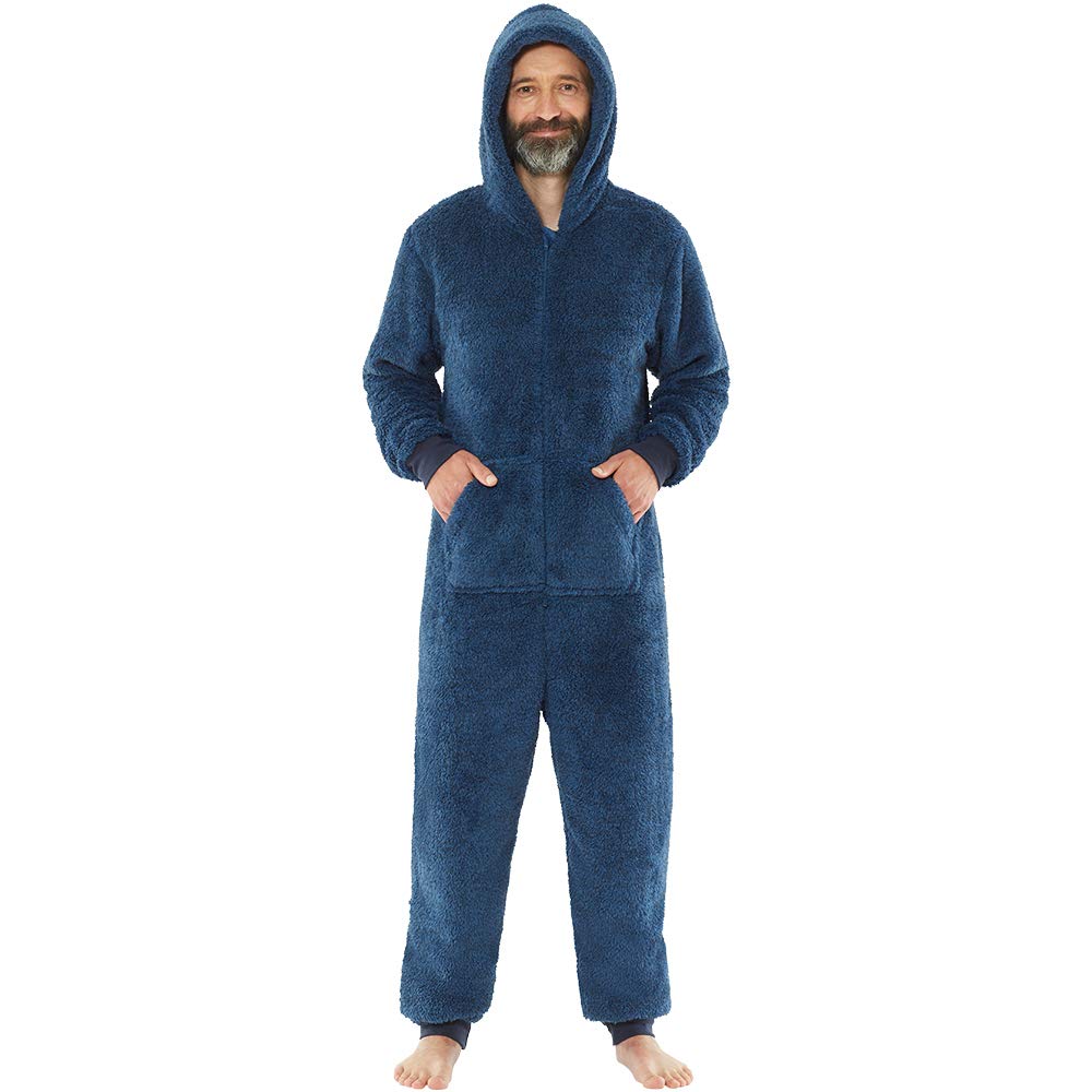 Just Essentials Mens Boys Fleece Onesies Gowns Robes Hooded Jumpsuit UK Seller - Light Navy Onesie - Large