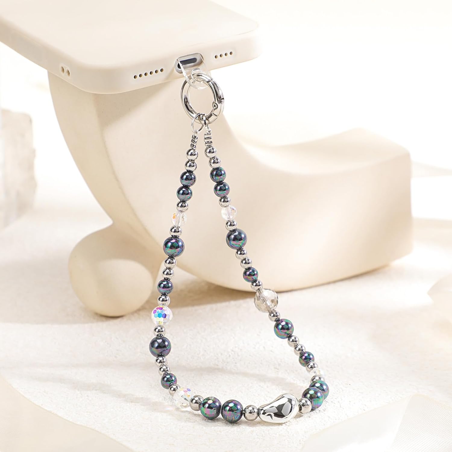 Phone Charm for Women, Beaded Wrist Strap Lanyard with Tether Tab, Anti Theft Hands Free Detachable Phone Chain Wristlet.
