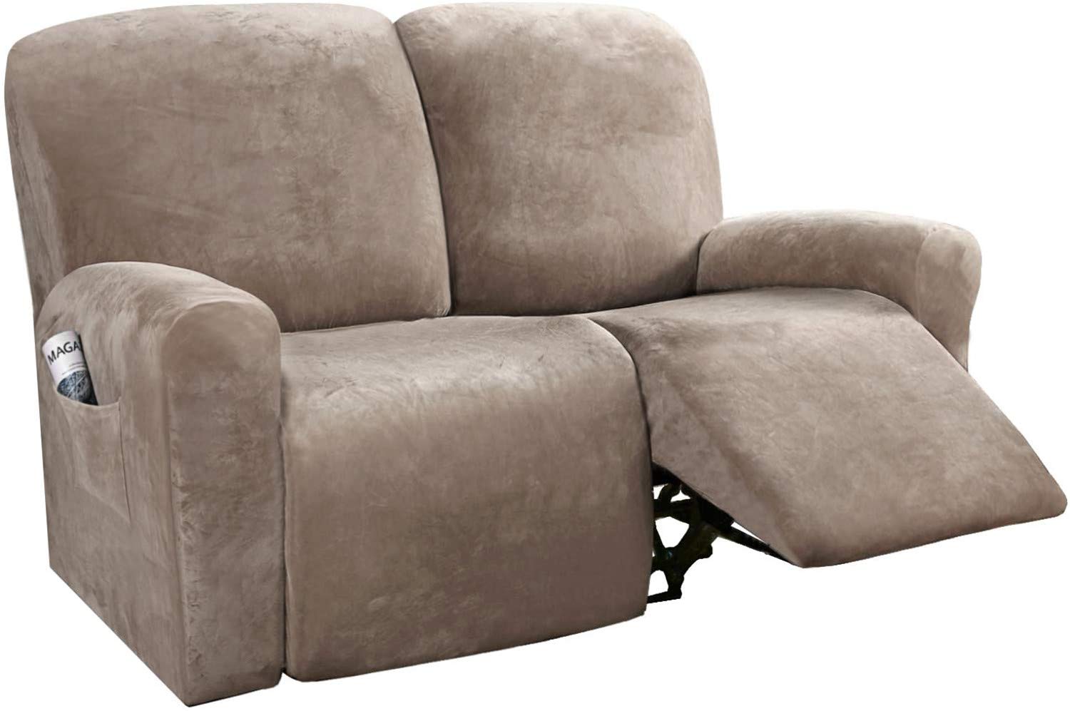 LINGKY 6-Pieces Recliner Sofa Covers Velvet Stretch Armchair Covers With Side Pocket Thick Soft Washable Sofa Covers 2 Seater Replacement Furniture Protector (Loveseat, Taupe)