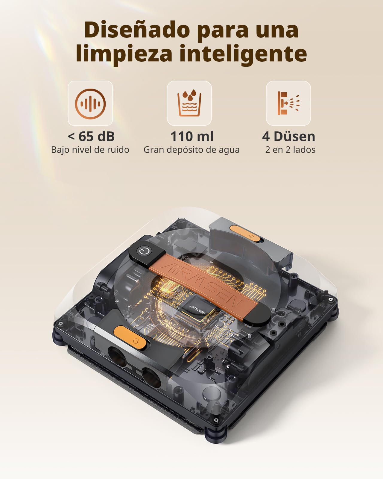 AIRMSEN YW733 Robot limpiacristales, planificación automática, 4 modos de limpieza, 4 boquillas pulverizadoras, depósito grande de 110 ml, 6000 Pa, para ventanas, vidrio de ducha & espejos