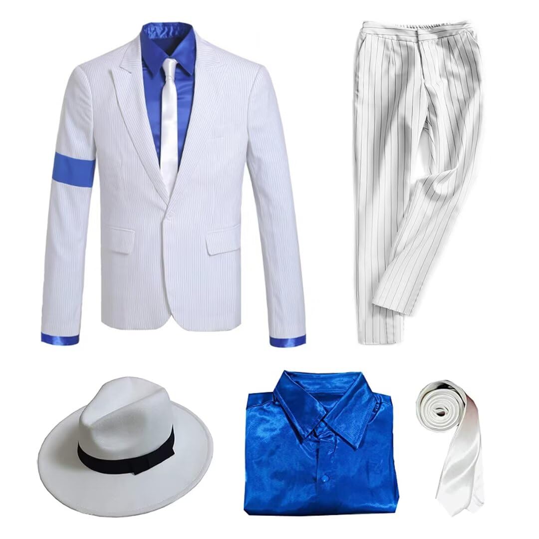 Halloween Natale per Bambino/Adulto Gioco di Ruolo Giacca Costumi Costume Carnevale Retro Liscio e Criminali Abbigliamento Giacche+Pantaloni+Camicia+ Cappello+Cravatta(Bianca,140-150)