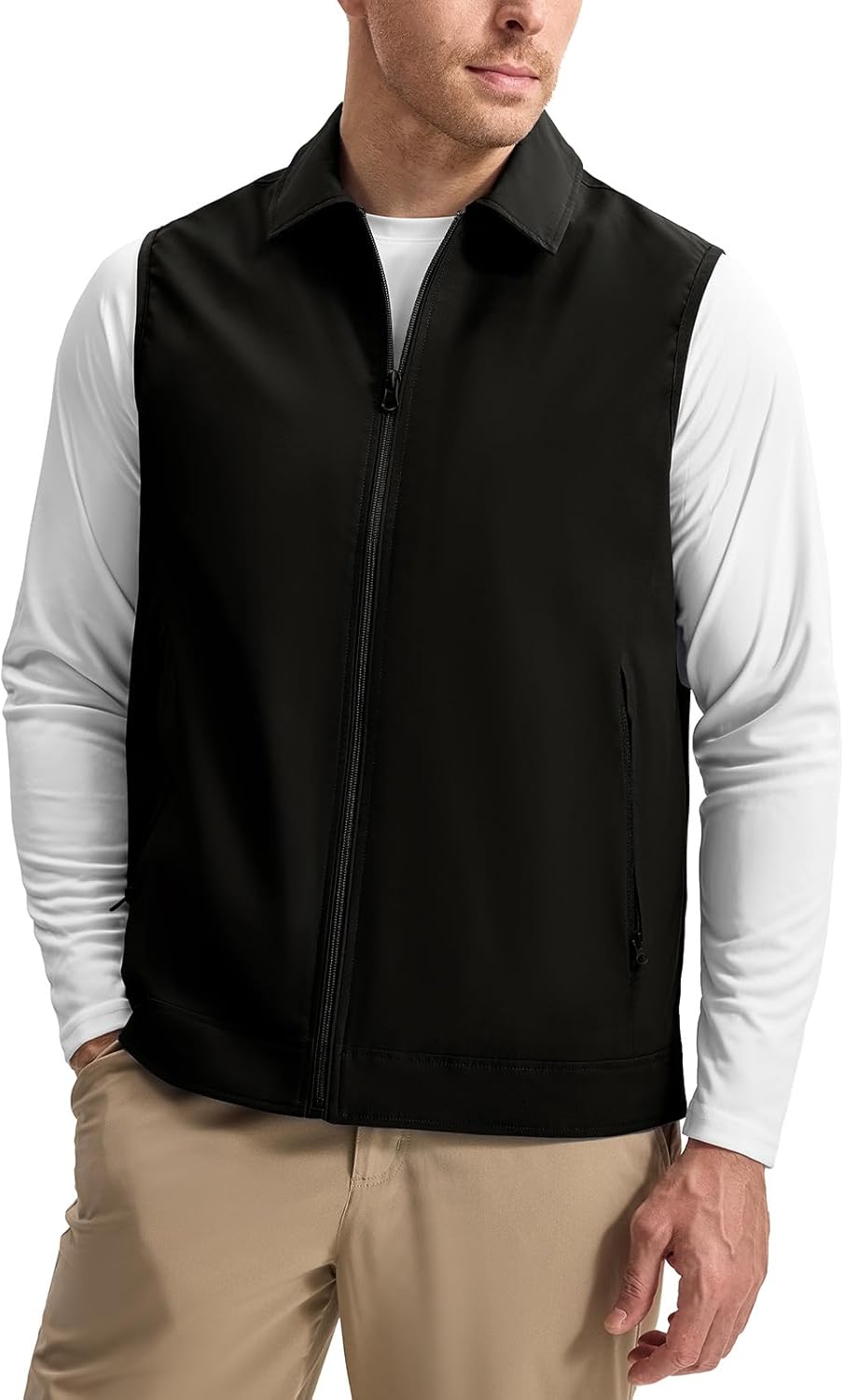 Rdruko Men's Golf Vest Lightweight Outerwear Windproof Water Resistant Grid Lining Vest with Zipper Pockets for Casual