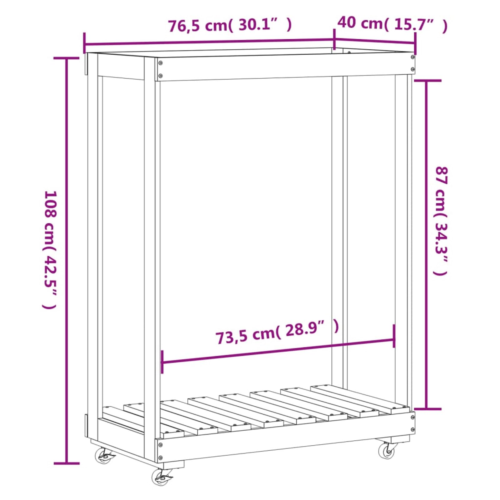Homgoday Arredo Portalegna con Ruote 76,5x40x108 cm Legno Massello di Pino, Portalegna da Interno, Portalegna da Ardere, Porta Legna per Camino, Legnaia da Interno, Impilabile Stufa Ripiano Legno