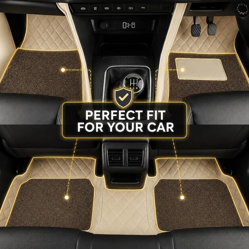 Image of SINEX Premium 7D car mat Full Set for Tata Sierra (Model : 2025) |Luxury Leather Double Car Floor Mat Complete Set || 100% Waterproof and Washable | Color : Beige