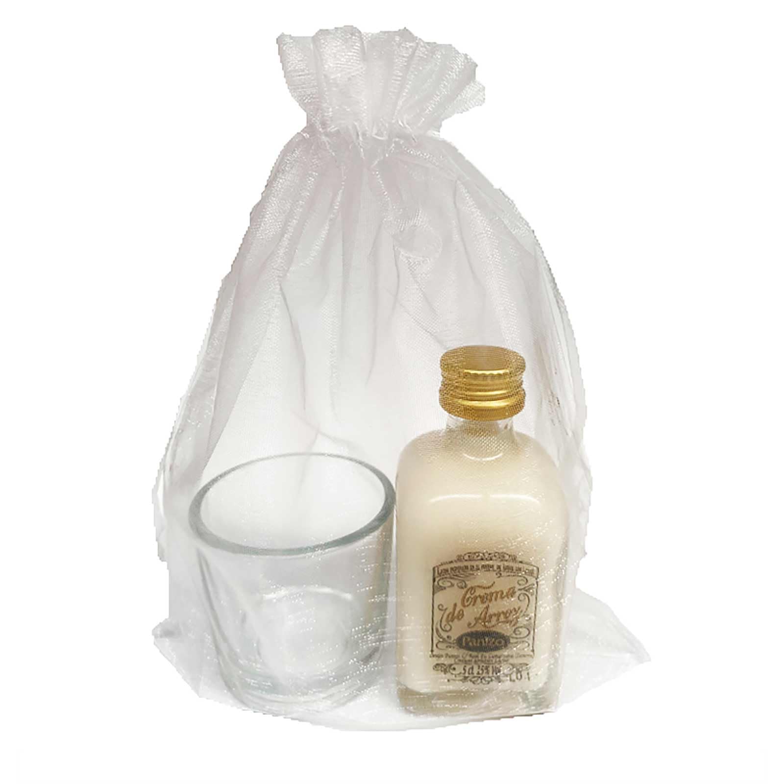 Deliex delicias de Extremadura. 24 Botellitas de arroz con leche 5 cl con chupito en bolsa de organza. Detalles para invitados en bodas, comuniones, bautizos y eventos. (Arroz con leche, 24)