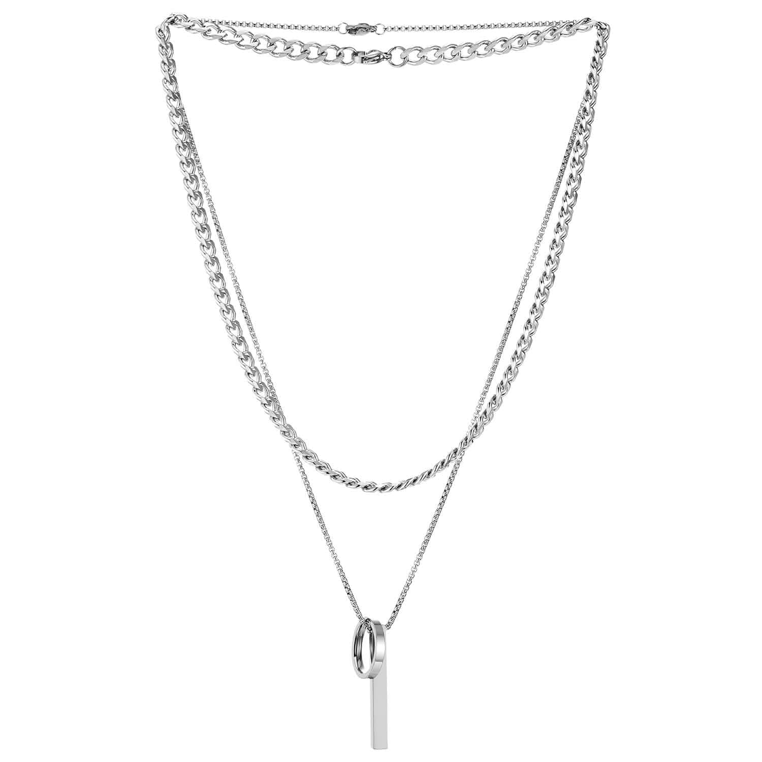 COOLSTEELANDBEYOND Men's Stainless Steel Layered Necklace Set, 3-Piece Stacked Chains, Geometric Hoop and Bar Pendant, Modern Minimalist Jewelry, Gift for Him