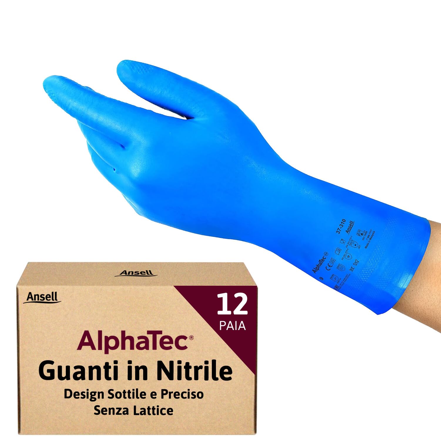 Ansell AlphaTec 37-​310 Guanti da Lavoro in Nitrile, Protezione Multiuso per Usi Alimentari, Domestici e Professionali, Guanti Riutilizzabili Senza Lattice, Blu, Taglia 2XL (12 Paia)