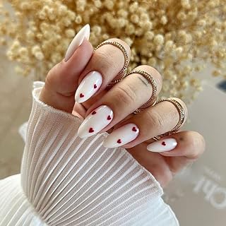 CEWEWP Valentine's Milky White Medium Almond Press on Nails with Red Hearts - 24pcs Glue-On Fake Nails, Easy Kit for Women & Girlfriend Gifts