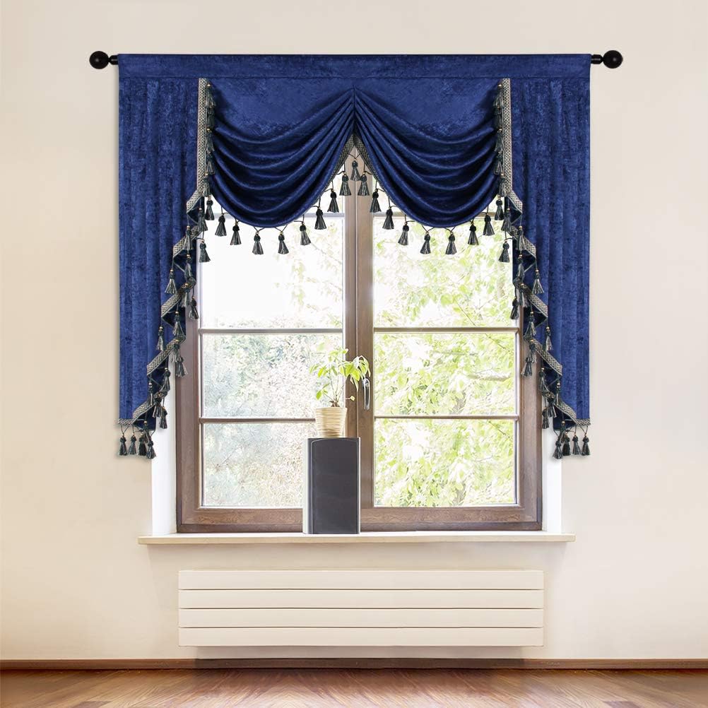 ELKCA Royal Blue Curtain Valance for Living Room Thick Chenille Window Curtains for Bedroom Waterfall Valance, Rod Pocket (W69inch, 1 Panel)