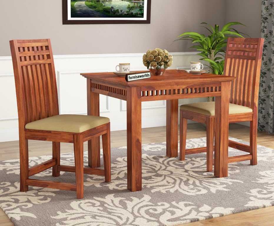 Image of Sheesham Wood 2 Seater Dining Table with Cushion Chair 2 Seater Wooden Dining Room Set Dinner Table Furniture for Living Room Home Restaurant 32x32x29 inch