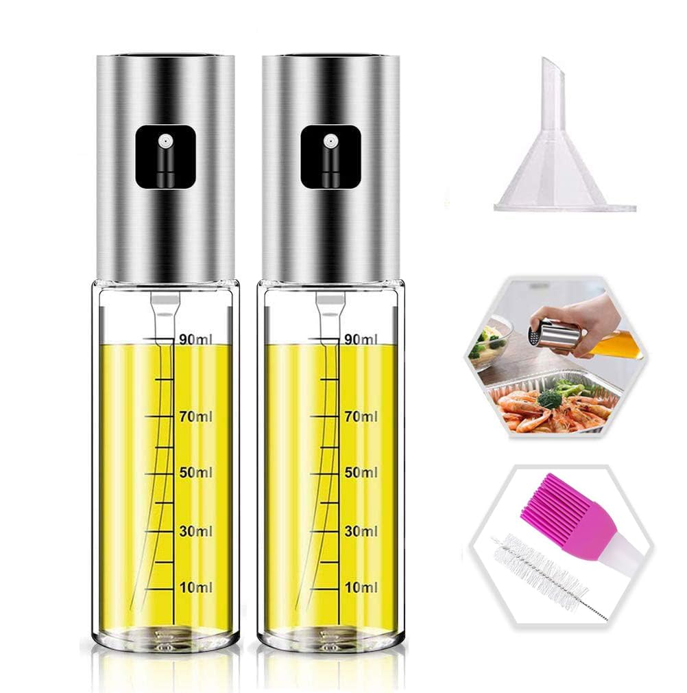 NIKKIER Pulverizador de aceite para cocinar, paquete de 2 pulverizadores de aceite de oliva de 100 ml, pulverizador de aceite para freidora de aire, ensalada, barbacoa, asar