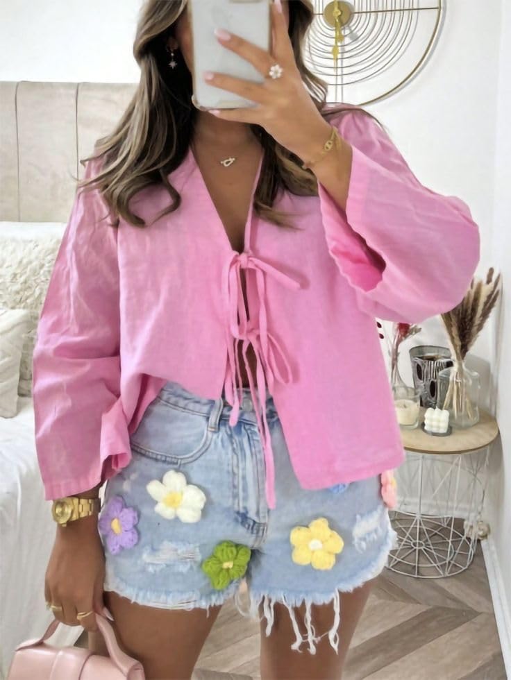 Chvity Tie Front Tops for Women Y2K Linen Shirts Flare Sleeve V Neck Going Out Coquette Clothes Casual Lace Up Bow Blouses - Image 5