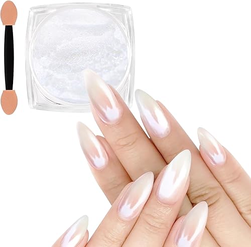 Allstarry Polvo de uñas de cromo perla blanca, polvo iridiscente Aurora efecto espejo metálico polvo perlado hielo transparente sirena pigmento