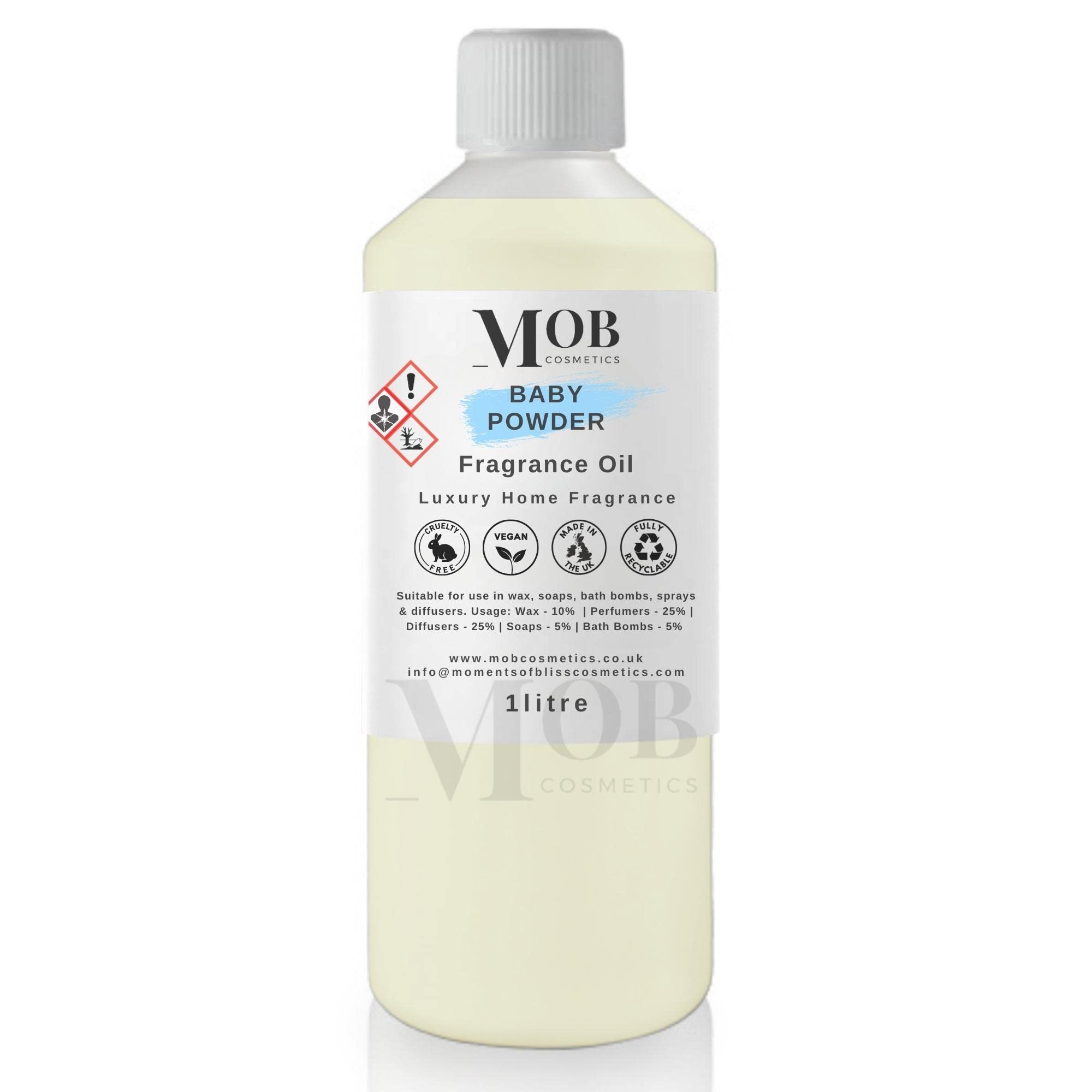 Baby Powder Fragrance Oil 1litre | Luxury and Designer Scents | Highly Concentrated | Perfect for Candles, Soaps, Bath Bombs, Diffusers, Wax Melts | UK Made | Vegan (Baby Powder, 1litre)