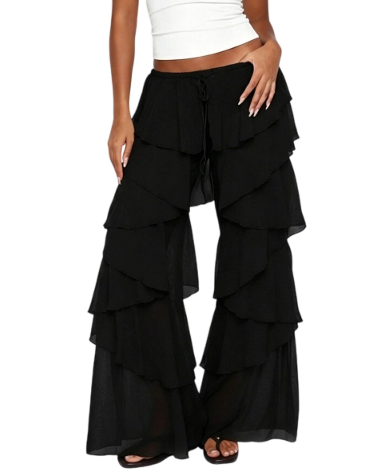 Feclmiyt Women Ruffled Wide Leg Pants Casual Low Rise Drawstring Tiered Long Trouser (A-Black, M)