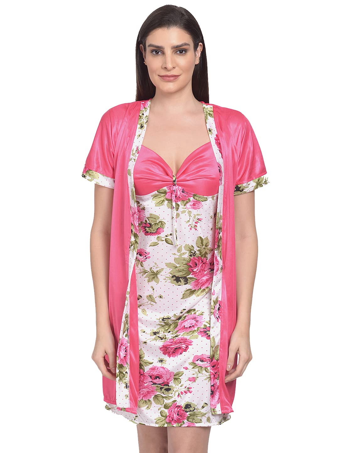 Mod & Shy Pink Printed 2 pcs Baby Dolls with Robe