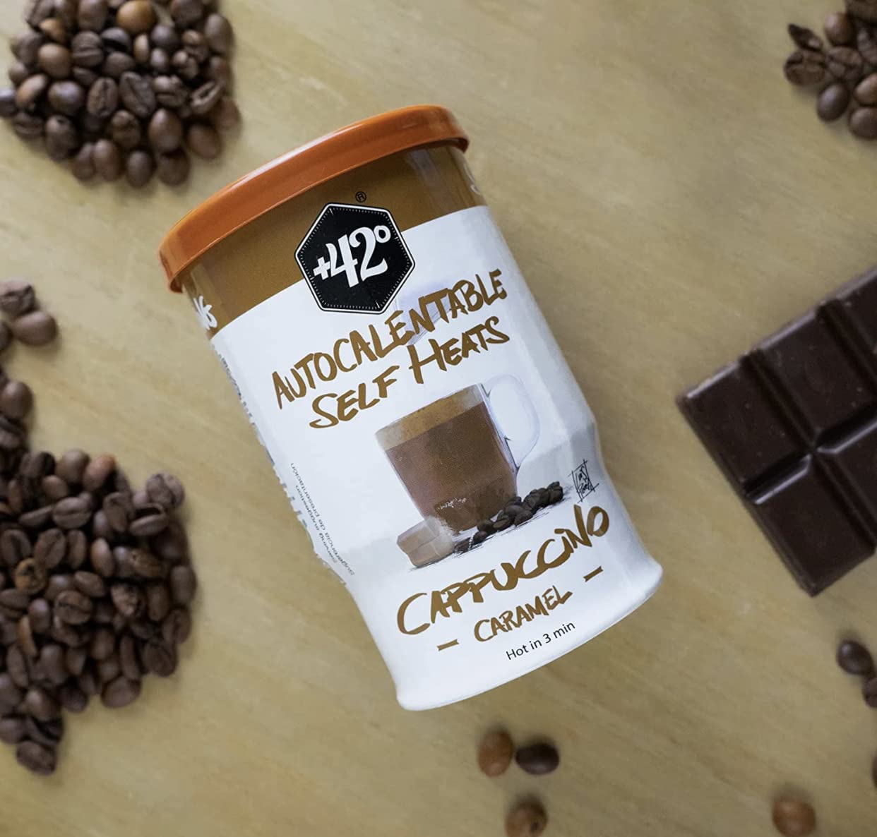 Autocalentable +42°. Cappuccino Caramelo. Lata autocalentable de 205 ml. Caliente en 3 minutos (paquete de 6)