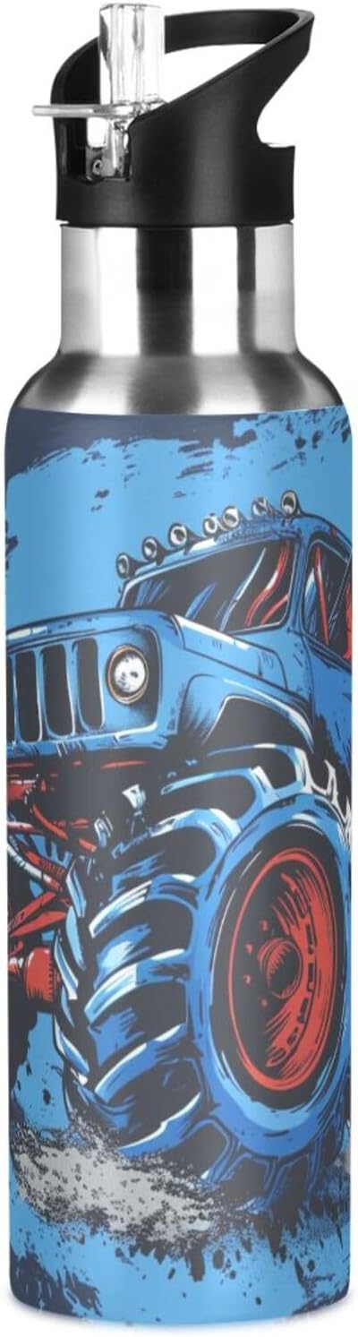 Blue Truck Water Bottle Kids Boys Girls Insulated Stainless Steel Hot Cold Water Fl...
