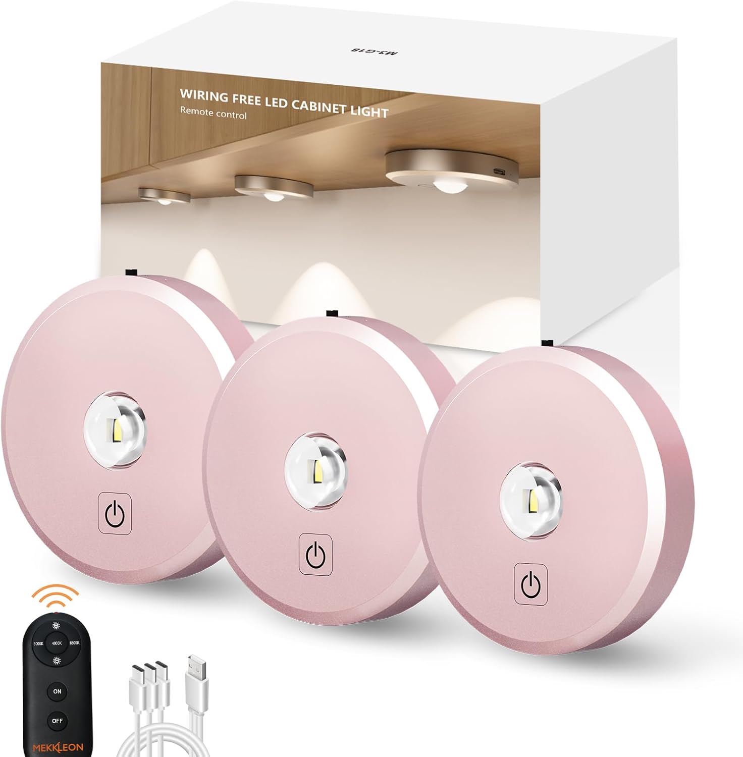 Puck Lights with Remote Control,2000mAh Rechargeable Under Counter Lighting,3 Color Temperatures Dimmable Under Cabinet,Closet Light,3Pack Tap Light for Hallway (Rose Gold, 3 Pcs) 3 Pcs Rose Gold