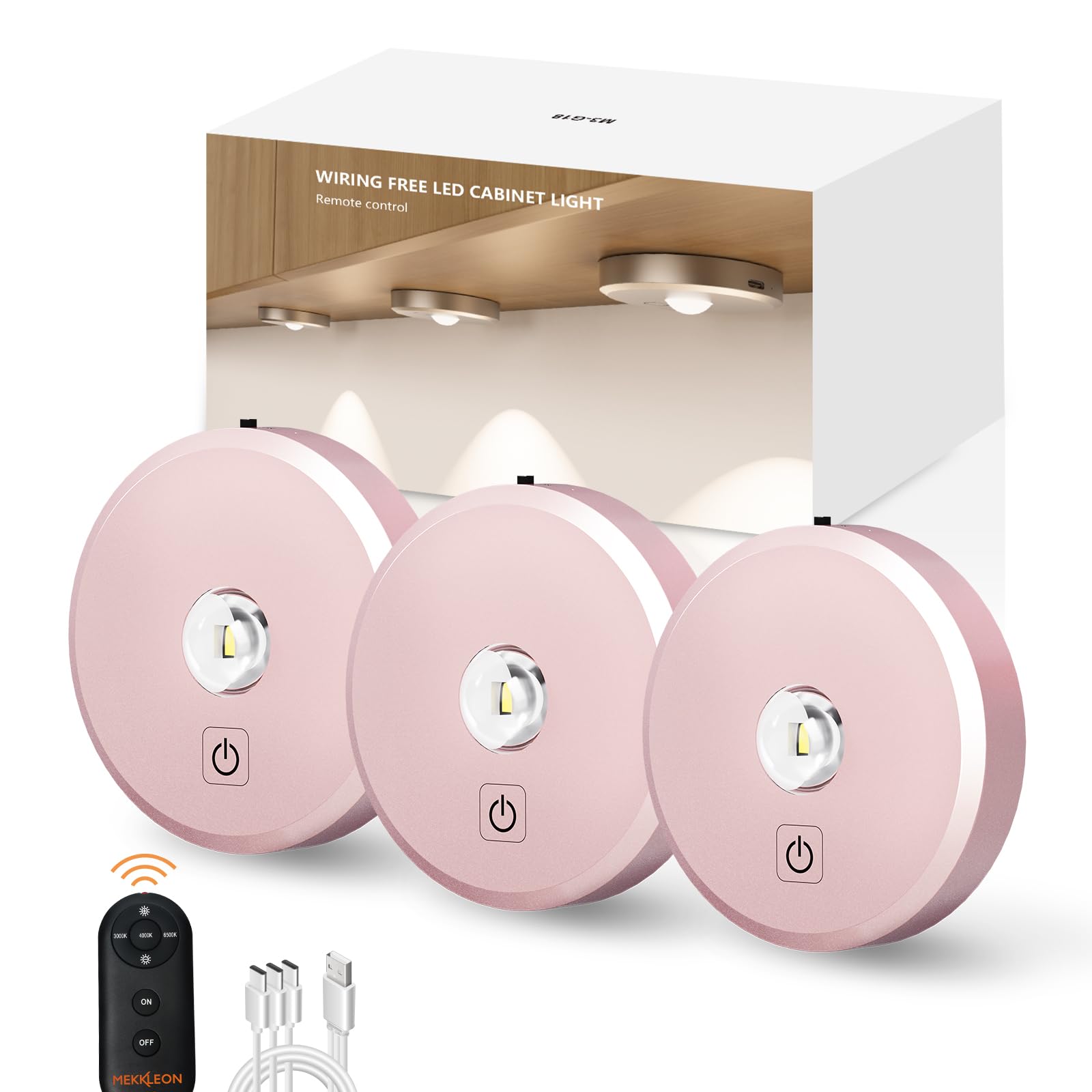 MEKKLEON Puck Lights with Remote Control Rechargeable,Wireless Under Cabinet Lighting,2000mAh Battery Operated Tap Push Touch Lights,Stick On Lights for Counter,Shelf,Bookcase (Rose Gold, 3 Pcs)