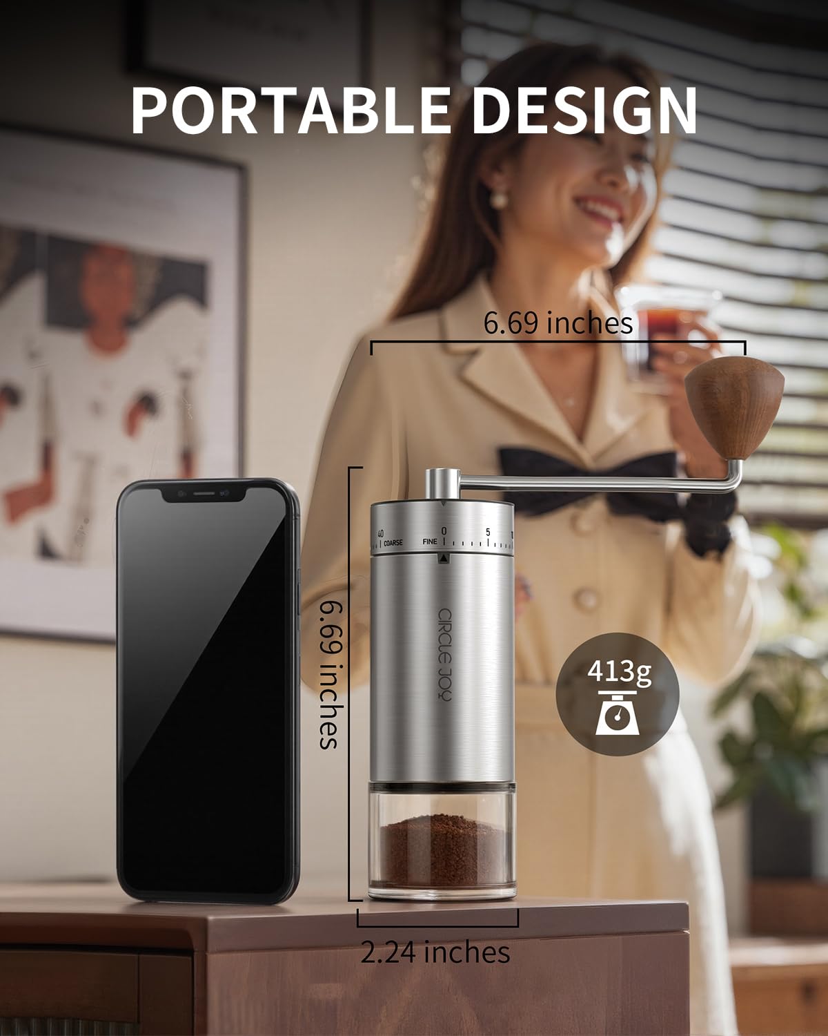 CIRCLE JOY Mini Molinillo de Café Manual Portátil con Muelas Cónicas de Acero Inoxidable y 40 ajustes externos, Molinillo de Café de Mano de Acero Inoxidable para Casa, Camping y Viaje, Plateado