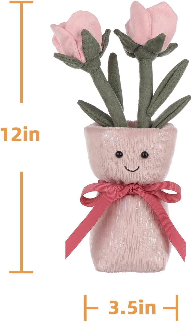 Apricot Lamb Pink Rose Vase Plush Stuffed Animals for Kids, Soft Cute Plush Toys for Baby Girl and Boy, Fluffy Pink Rose Vase Pink