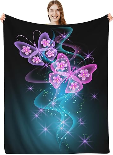 DOINBEE Manta de mariposa rosa brillante con mariposas y flores sobre azul, regalos de mariposas para mujeres, adultos y niñas, manta de franela de