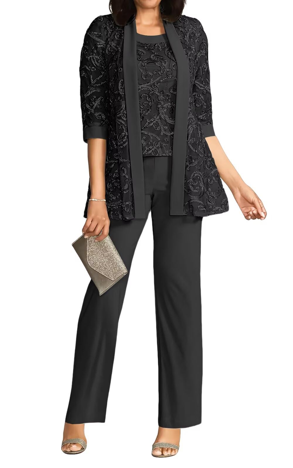 HEWEIGUI 3 Pieces Lace Mother Bride Pantsuits with Jacket for Wedding Dressy Formal Pants Outfit 3 4 Sleeve