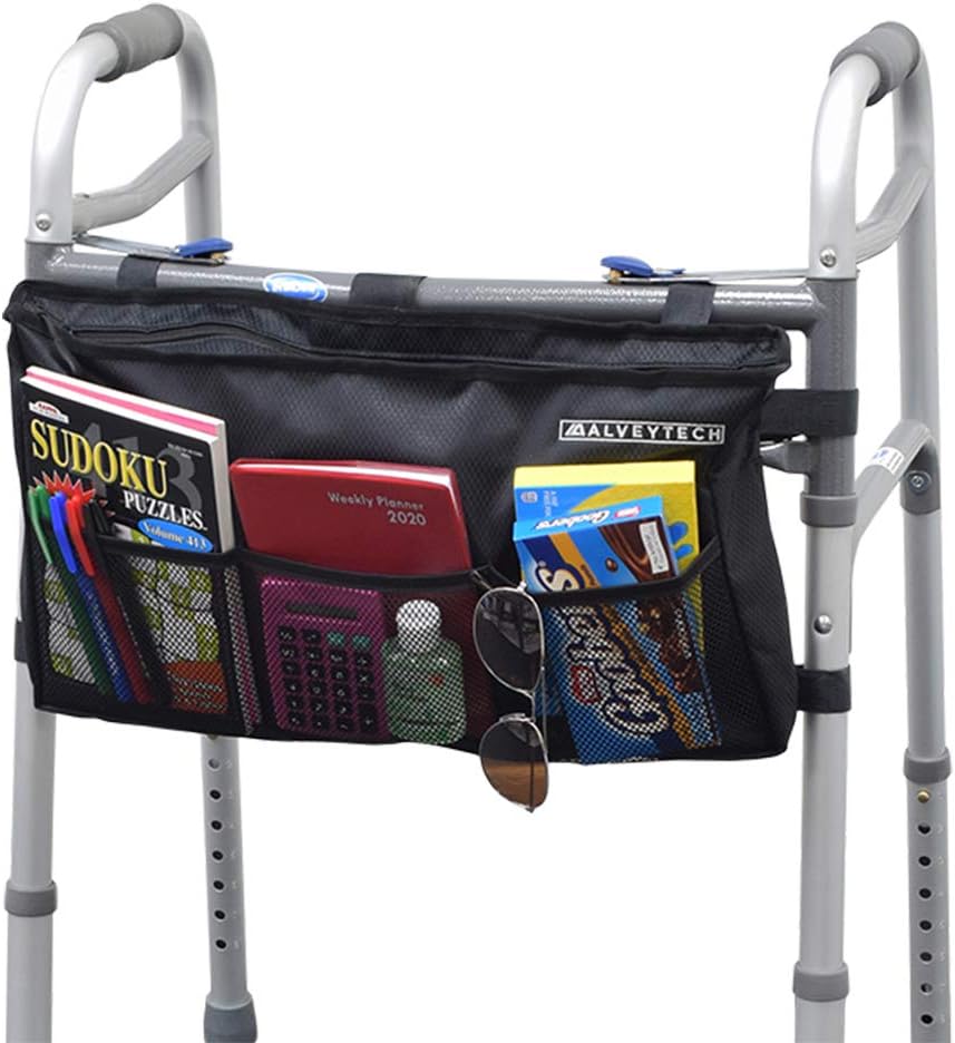 AlveyTech Deluxe Universal Organizer Bag - for Mobility Walker and Rollator Like Drive, Invacare, Merits, Medline - Wide Storage - Water-Resistant Ripstop Nylon & 210D Polyester Construction