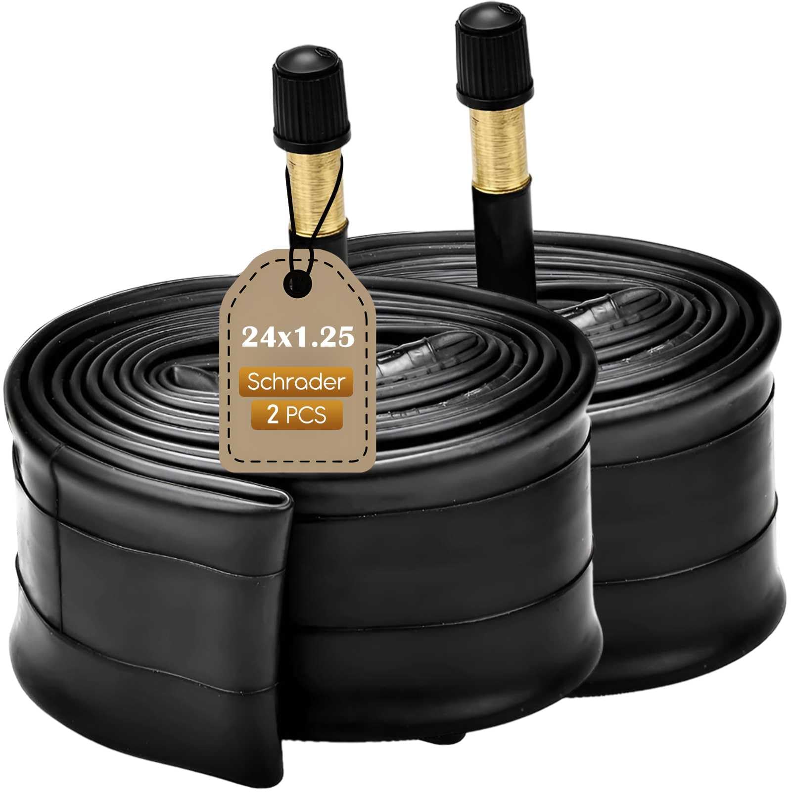 24x1.25 Bike Tube for Bicycle or Wheelchair, 24 x 1.25 Bike Inner Tube with AV48mm Schrader Valve Butyl Rubber Bicycle Tubes, 2 Pcs Black