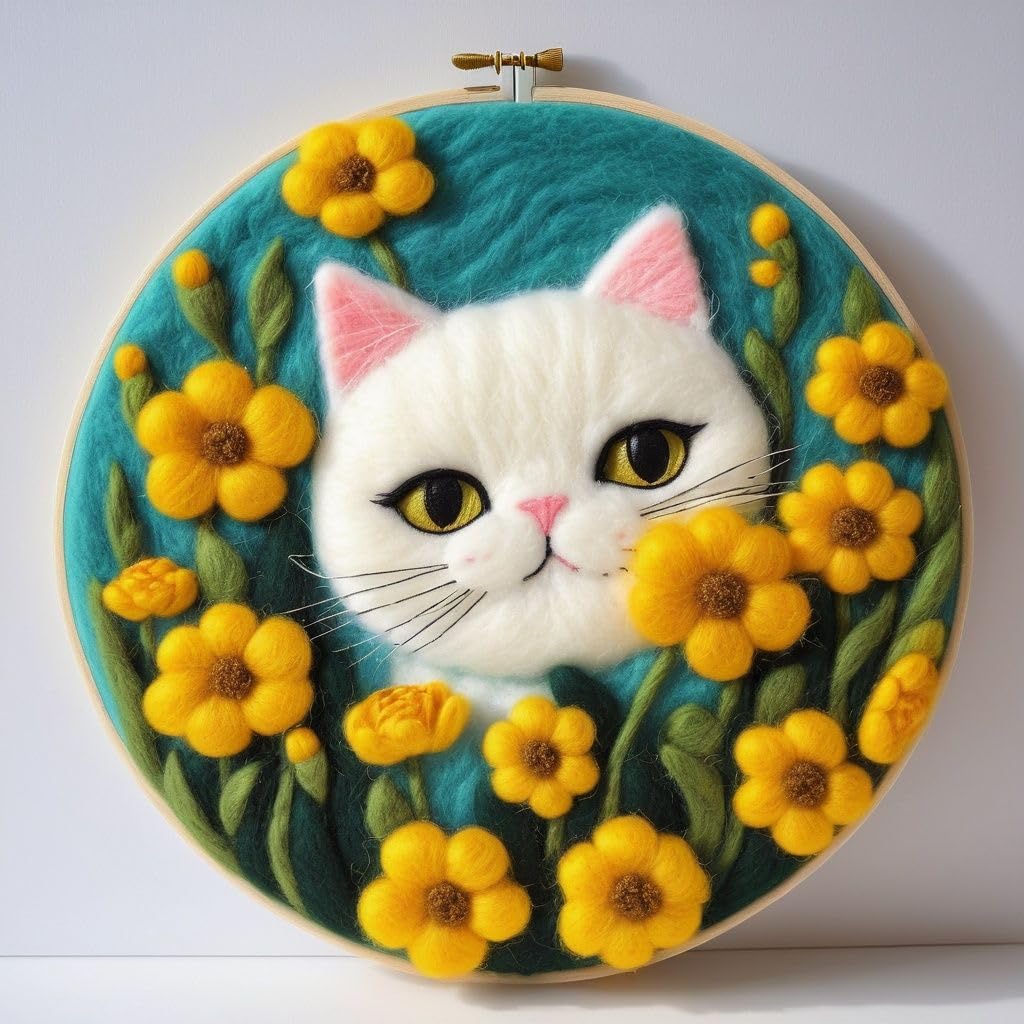 yesJRL Needle Felting Kits Beginners, Cat Pattern DIY Wool Needle Felting Starter Kit, Easy Needle Felt Set with Picture Frame, Foam Pad, Felt Cloth and Instructions for Home Decoration (Cat Art)
