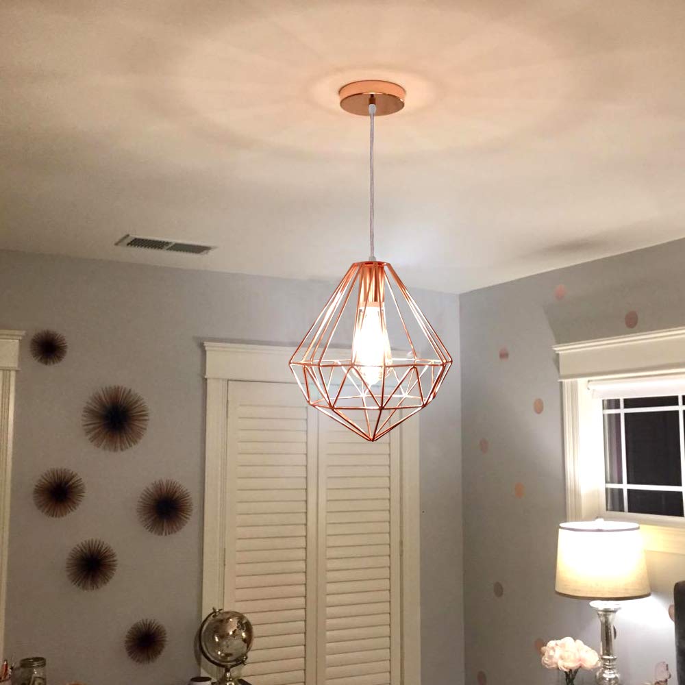 iDEGU Suspension Luminaire Moderne, Lustre Plafonnier Industriel Lampe de Plafond Abat-Jour en Forme de Cage Métal Décoration d'éclairage pour Chambre Salon Salle à Manger, Or Rose (Diamant 25CM)