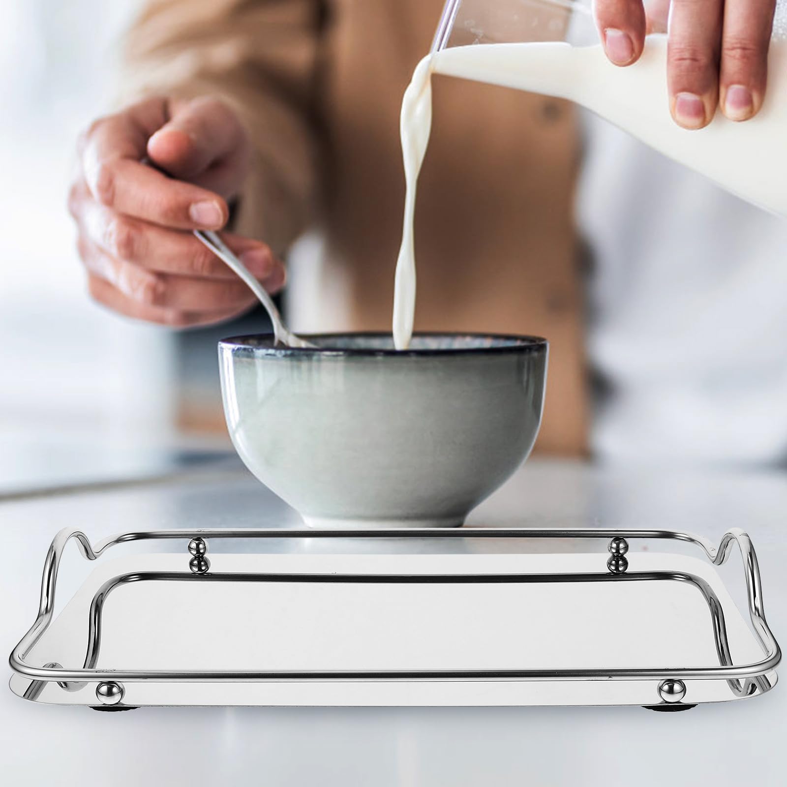 CALLARON Vassoio Rettangolare Design Elegante e Lucido Manici in Acciaio Inossidabile per Servizio Caffè per Uso Quotidiano in Casa e Soggiorno
