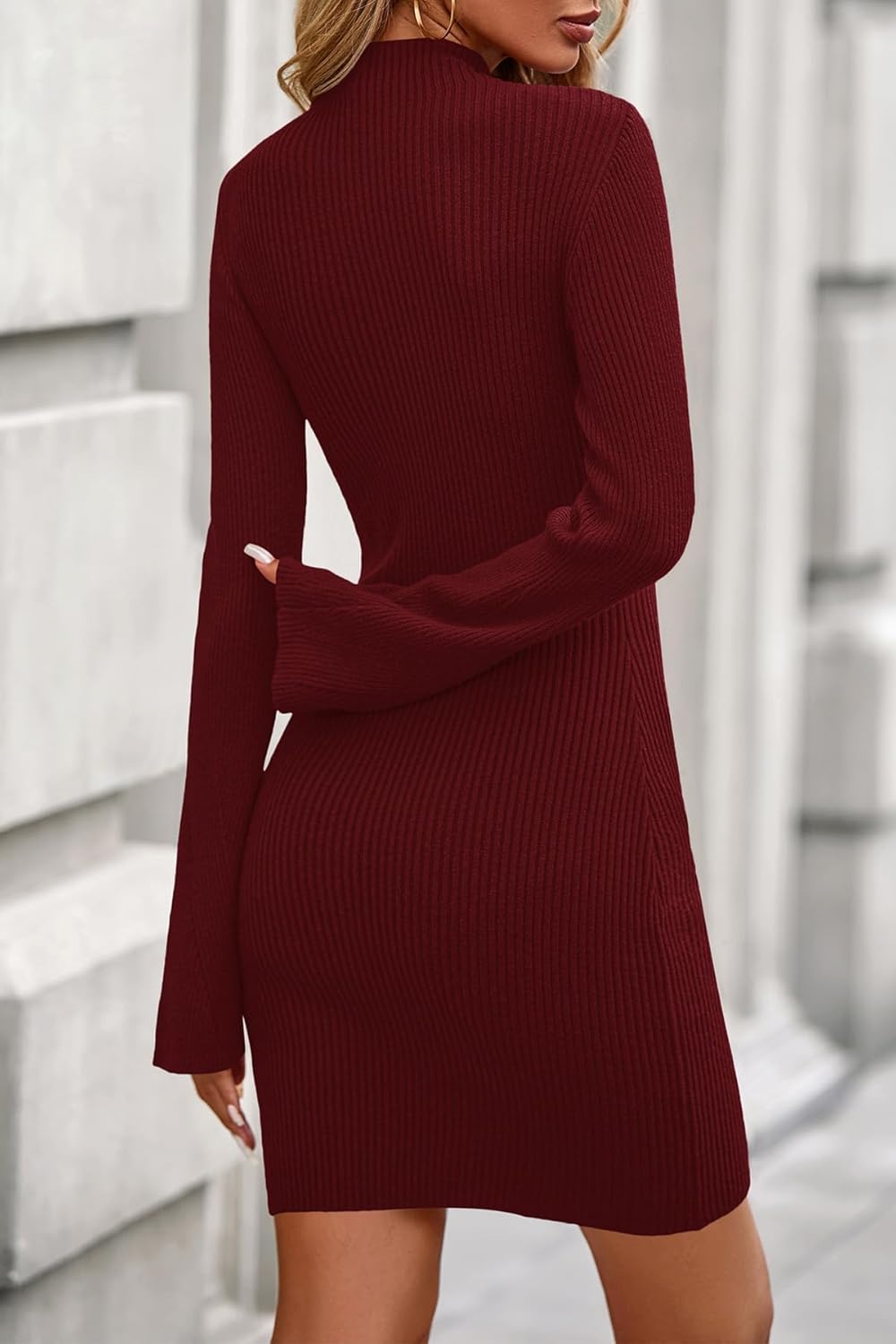 CFLONGE Fall Dresses for Women 2025 Ribbed Knit Bodycon Dress Mock Neck Bell Long Sleeve Pullover Sweater Winter Mini Dresses - Image 3