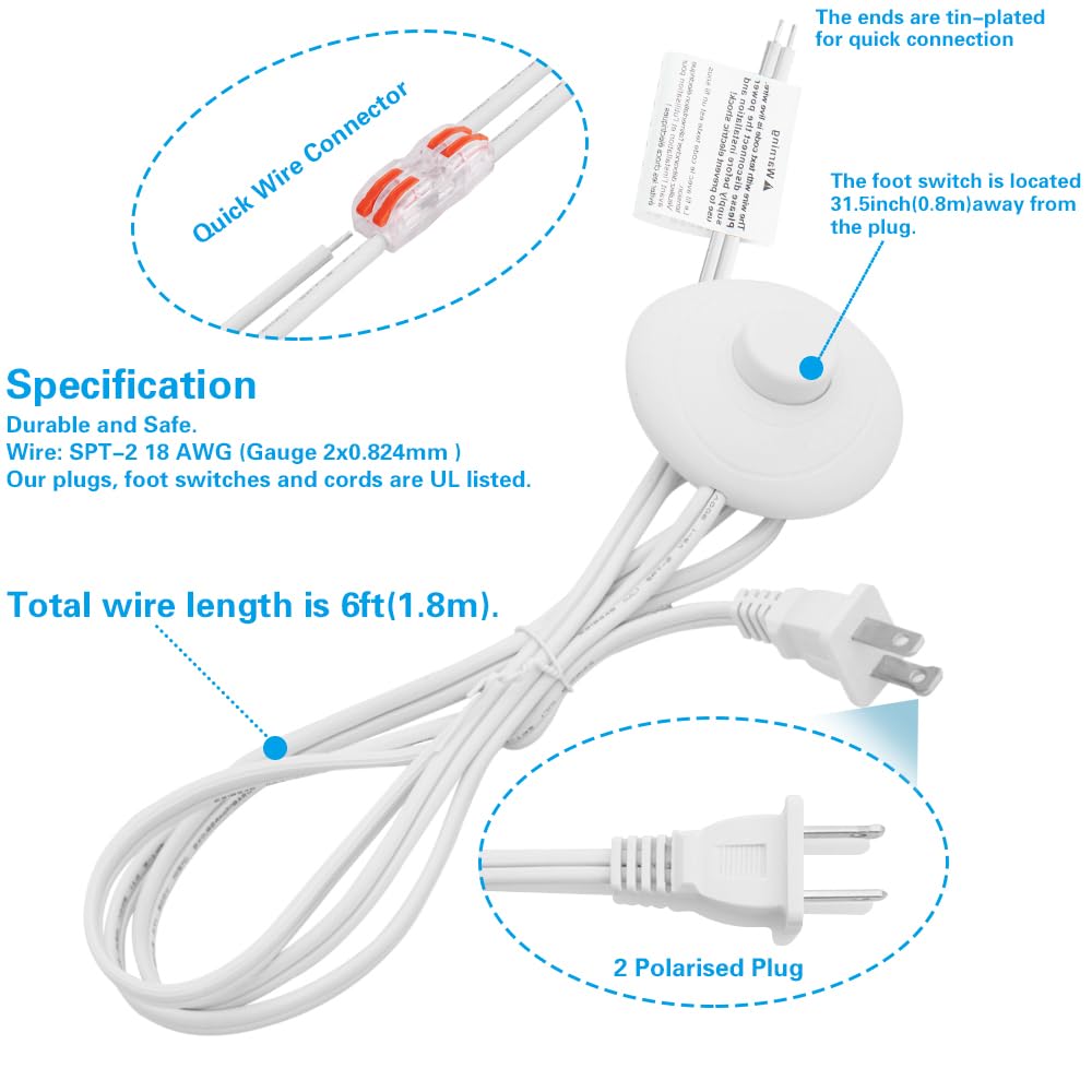 Asjeumt 6ft Foot Switch Lamp Cord Replacement, White Floor Light Switches with Plug, Foot Tapper Pedal Lamp Wire Switch, AC 125V Step ON Off Push Button, Repair DIY Replace Footswitch Fixtures