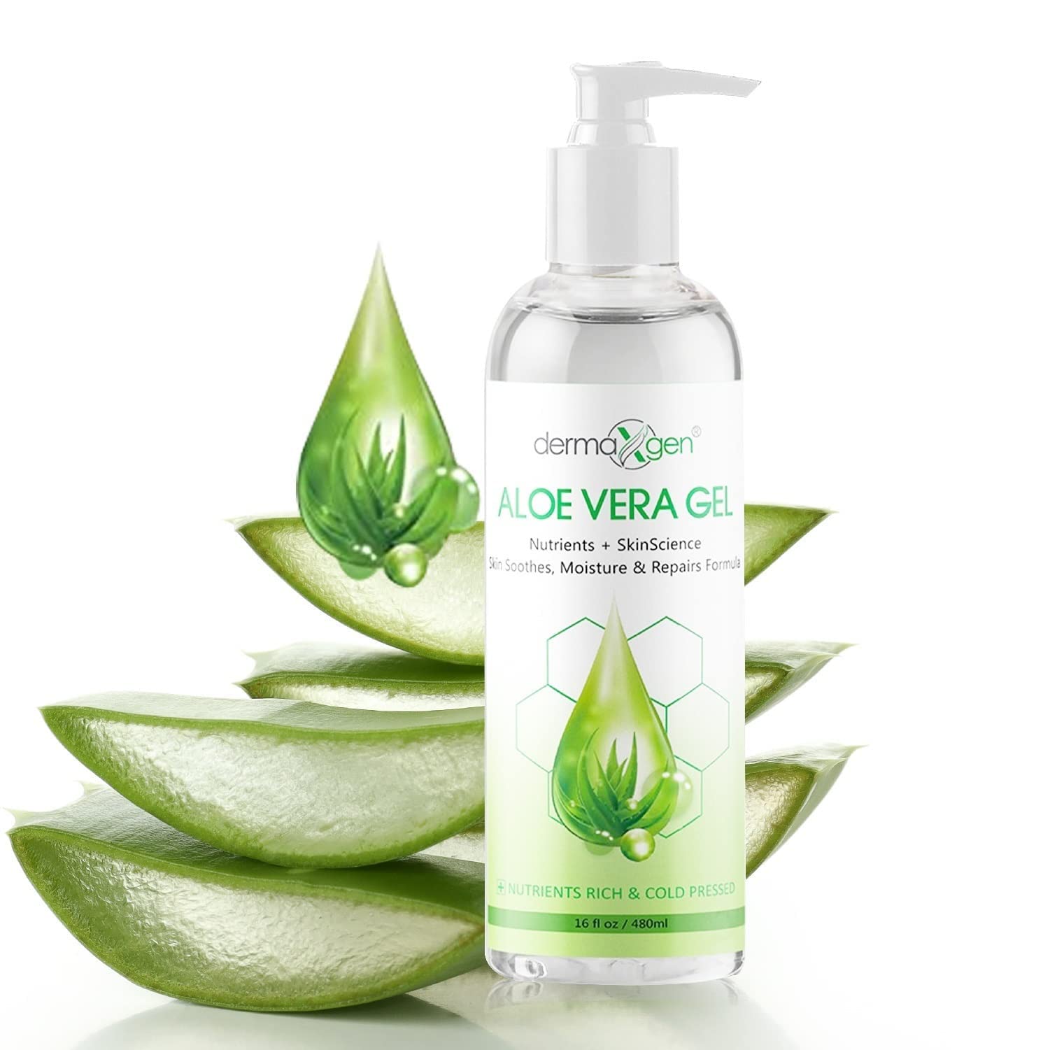 Aloe Vera Gel - Organic 100% Pure Aloe + Witch Hazel + Vitamin C + Vitamin E - Skin Soothes, Moisture And Repair Formula, Nutrients Rich And Cold Pressed - 16 Fl Oz