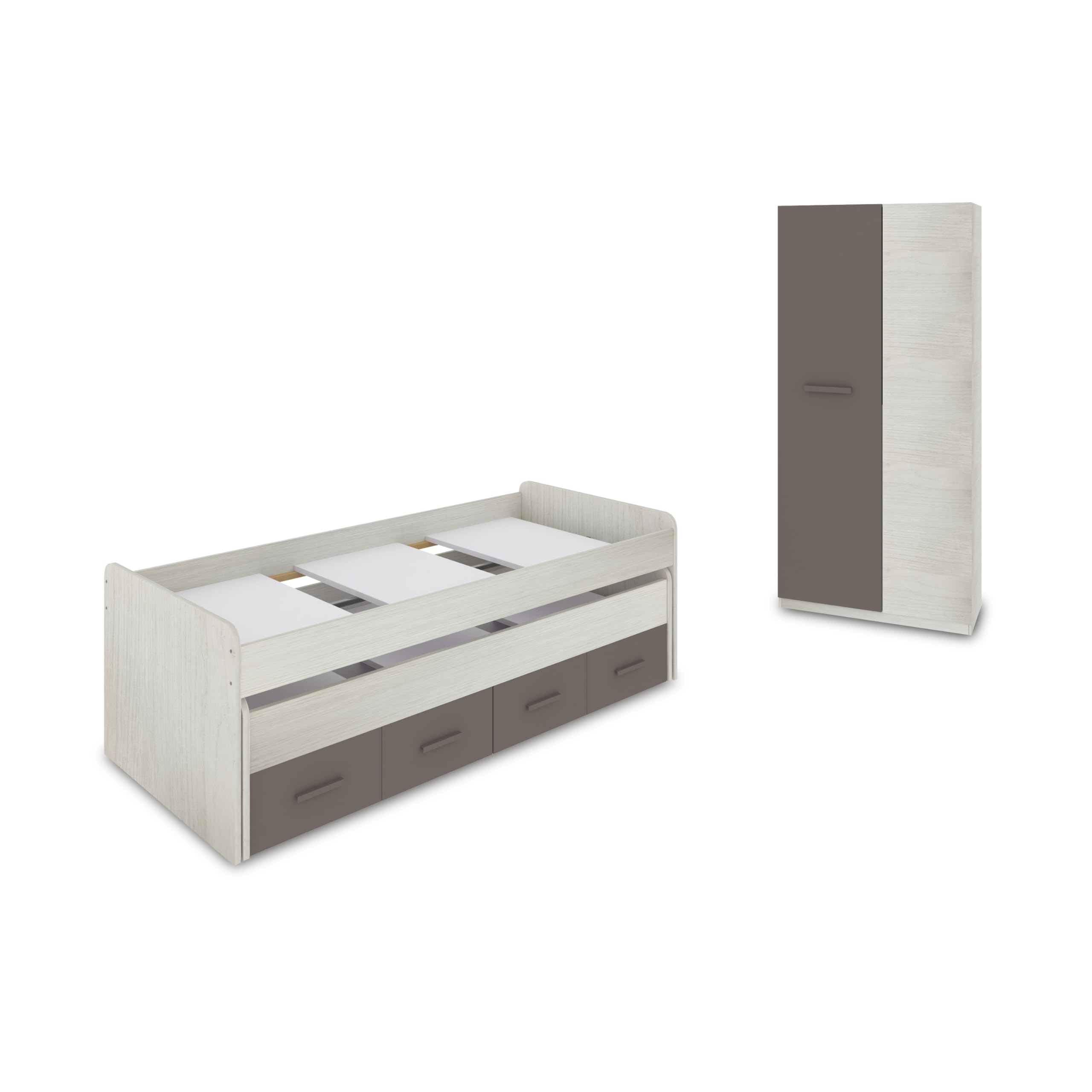 duehome | Pack de Dormitorio Juvenial con Cama Nido Juvenil y Armario, Conjunto de Dormitorio Infantil, Modelo Axim Plus, Acabado en Blanco Alpes y Basalto
