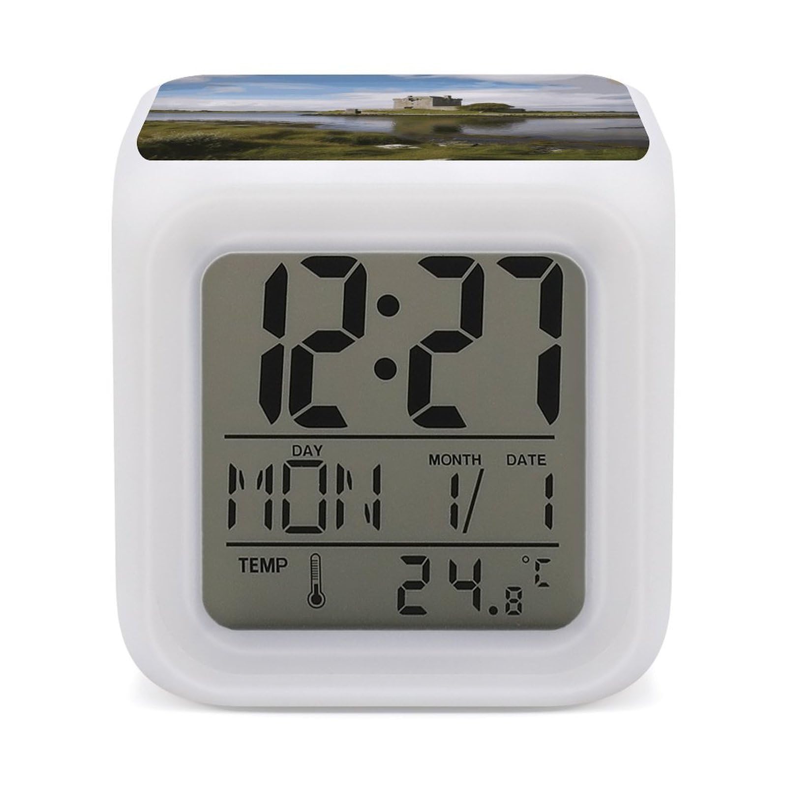 VstaDank View of The Dunguaire Castle Alarm Clock with 7 Color Changing Night Light Date Temp Display Wake Clocks LED Display Digital Clock Electric Desk Clocks for Living Office Bedroom Decor