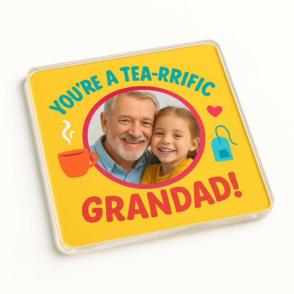 The Plum Penguin Grandad Personalised Photo Acrylic Coaster Gift For - Whimsical Cartoon Design With Bright Colours And Tea Themes
