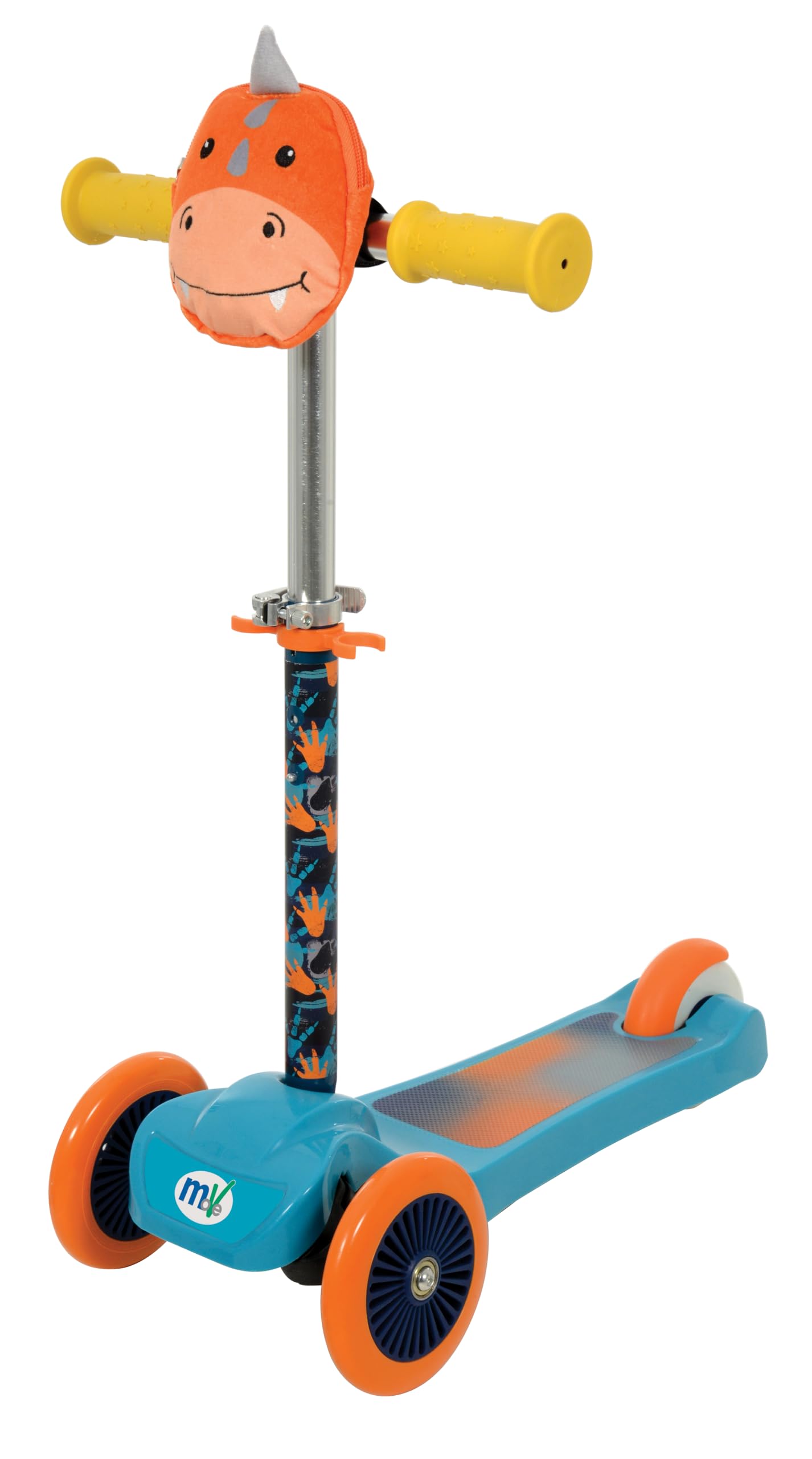 MoVe Mini Go! 3 Wheel Tri Scooter for Kids | Tilt & Turn Scooters with Squishle Pouch Cute Character | Ages 3+ | Adjustable Height Toddler Boys & Girls First Scooter (Dino)