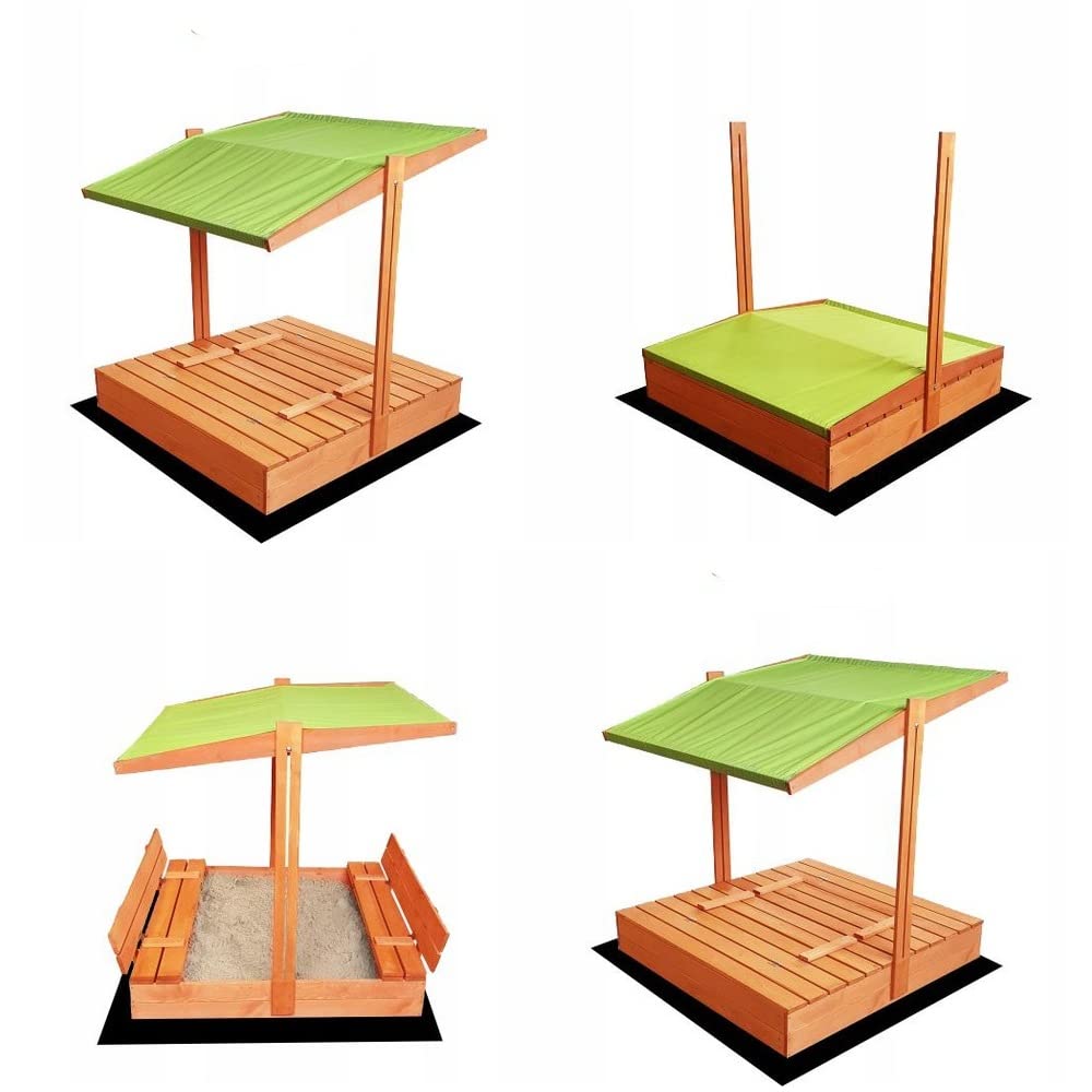 Premium Imprägniert Sandkasten 120x120 mit Dach mit Sonnenschutz mit UV-Schutz Sandbox mit Abdeckung mit Sitzbänken mit Deckel mit Plane Sandkiste Sandkastenvlies Holz