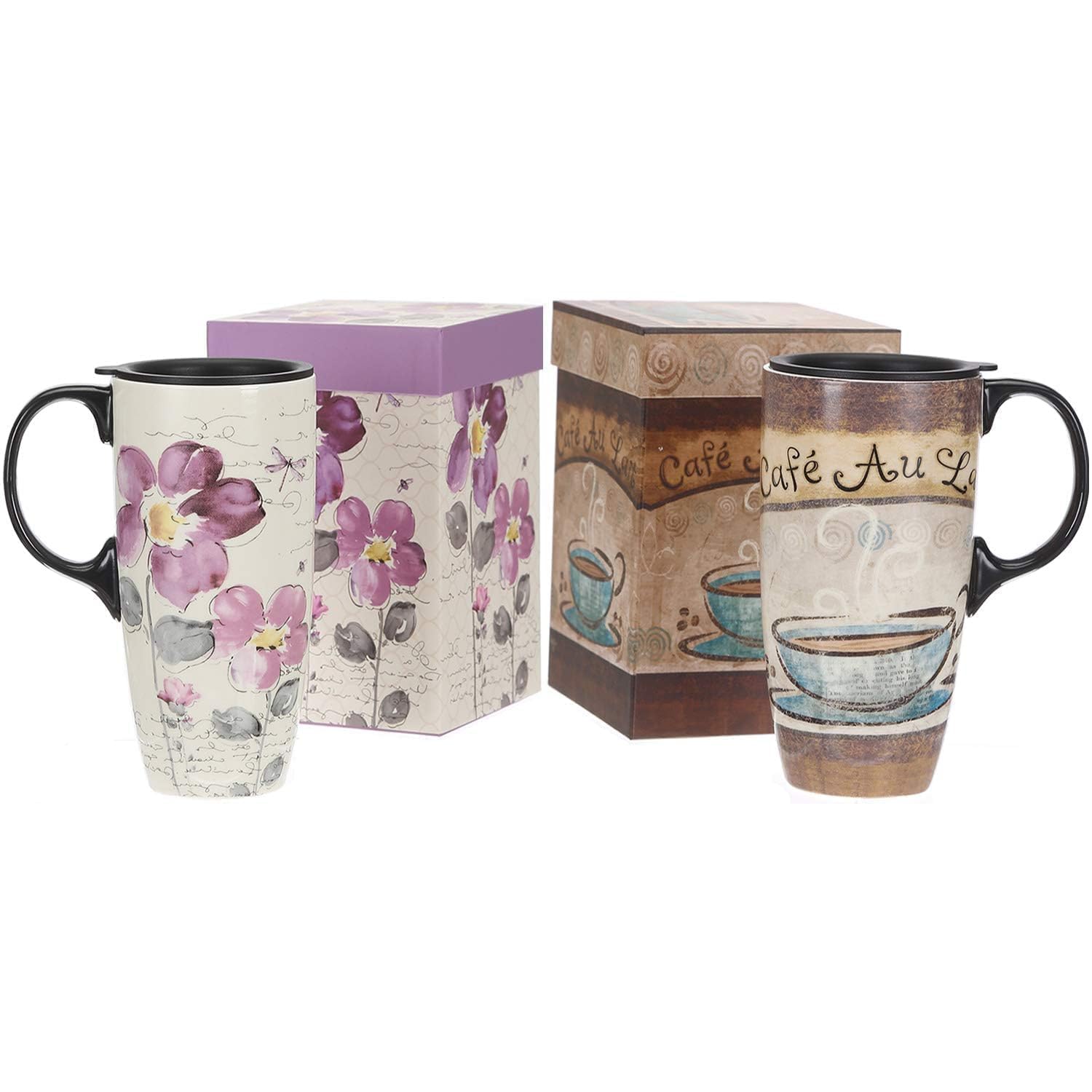 Topadorn Ceramic Travel Mug Latte Mug 17 oz. Coffee Cup with Sealed Lid and Gift Box, Set of 2